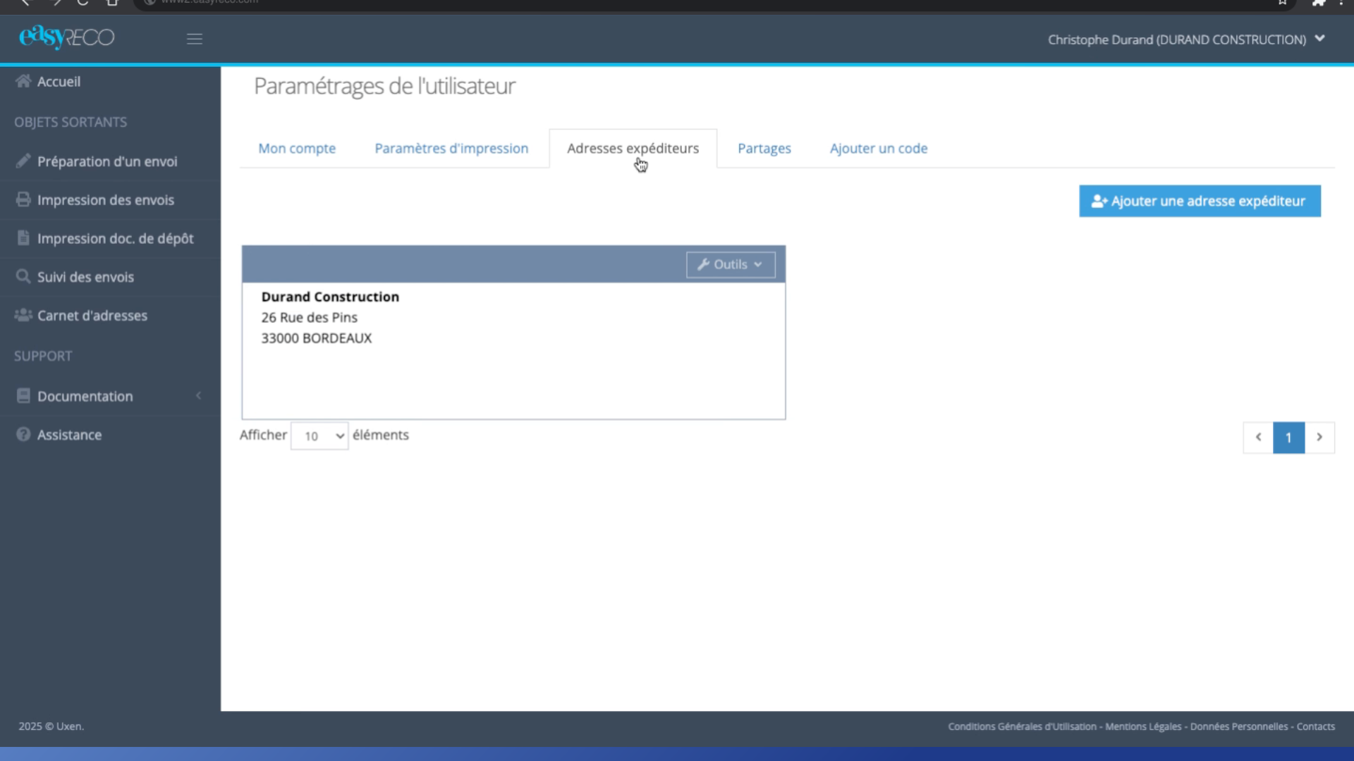 Modifier une adresse Expéditeur