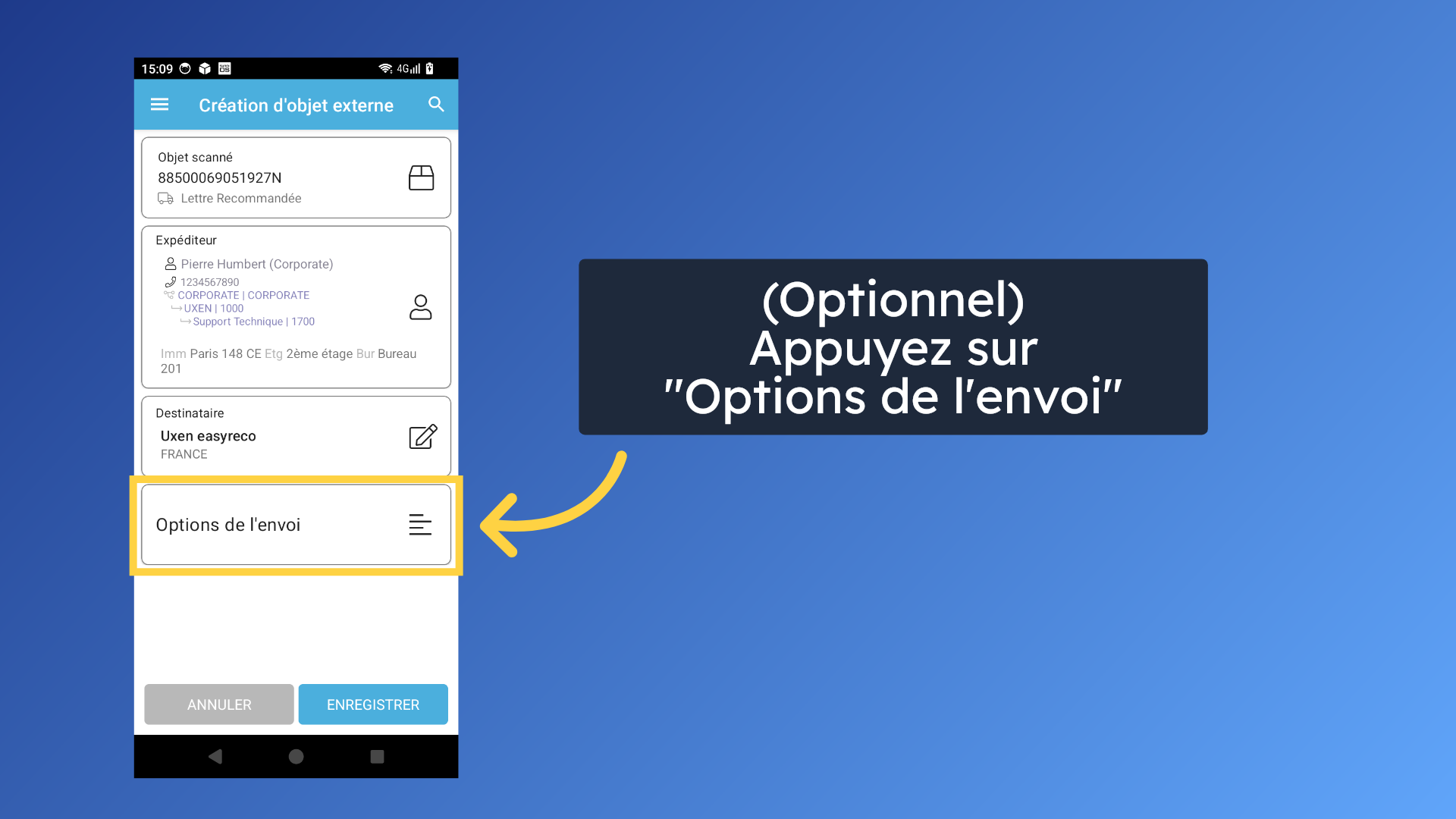 Options de l'envoi (optionnel)