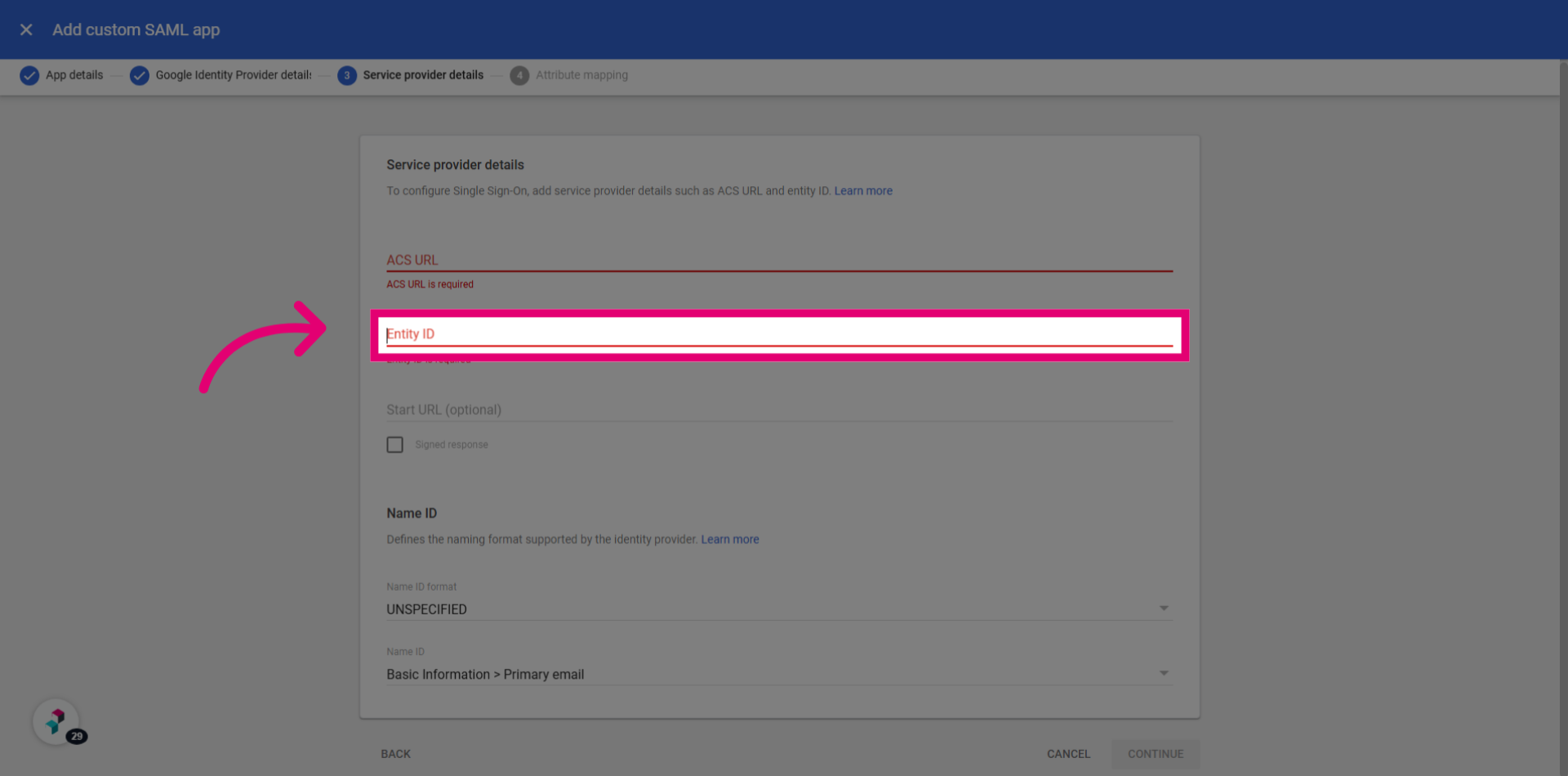 Paste the 'Identifier (Entity Id)' value to 'Entity ID'