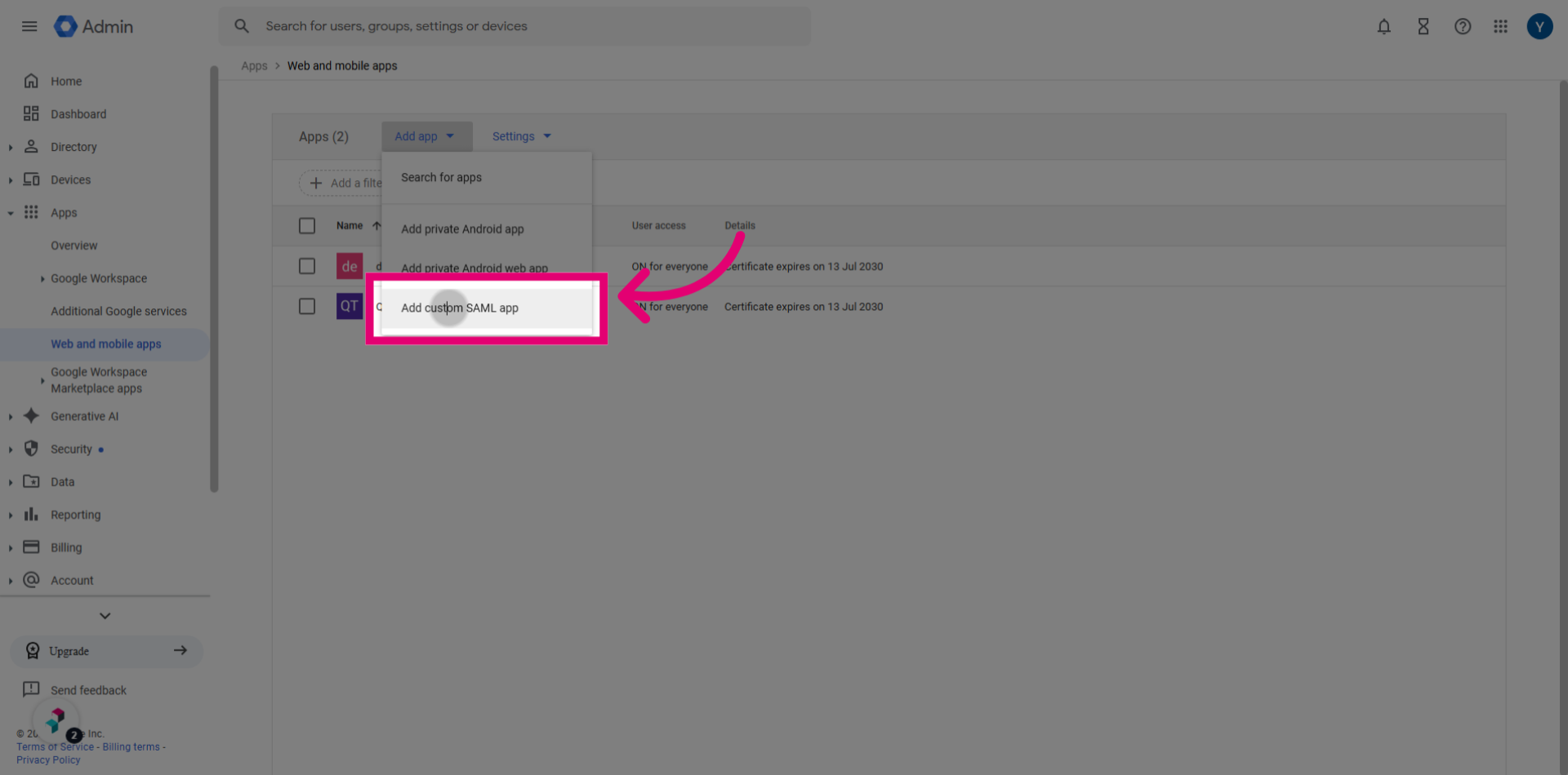 Click 'Add custom SAML app'