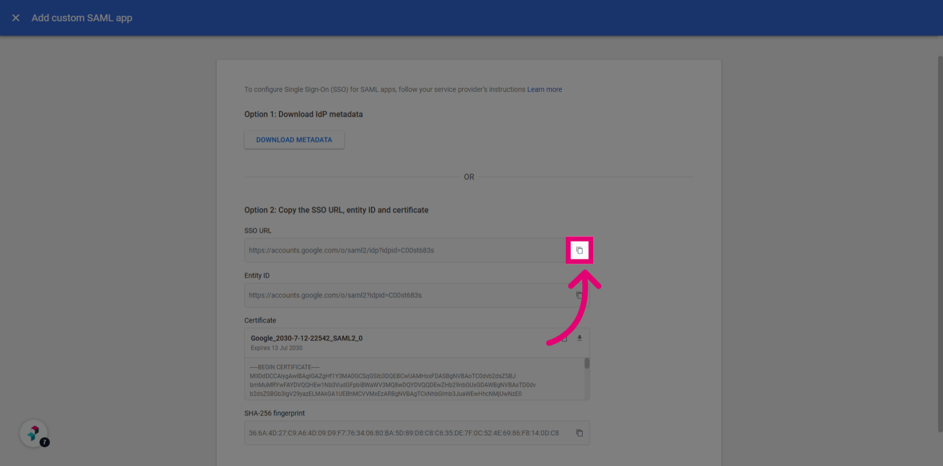Copy 'SSO URL' value