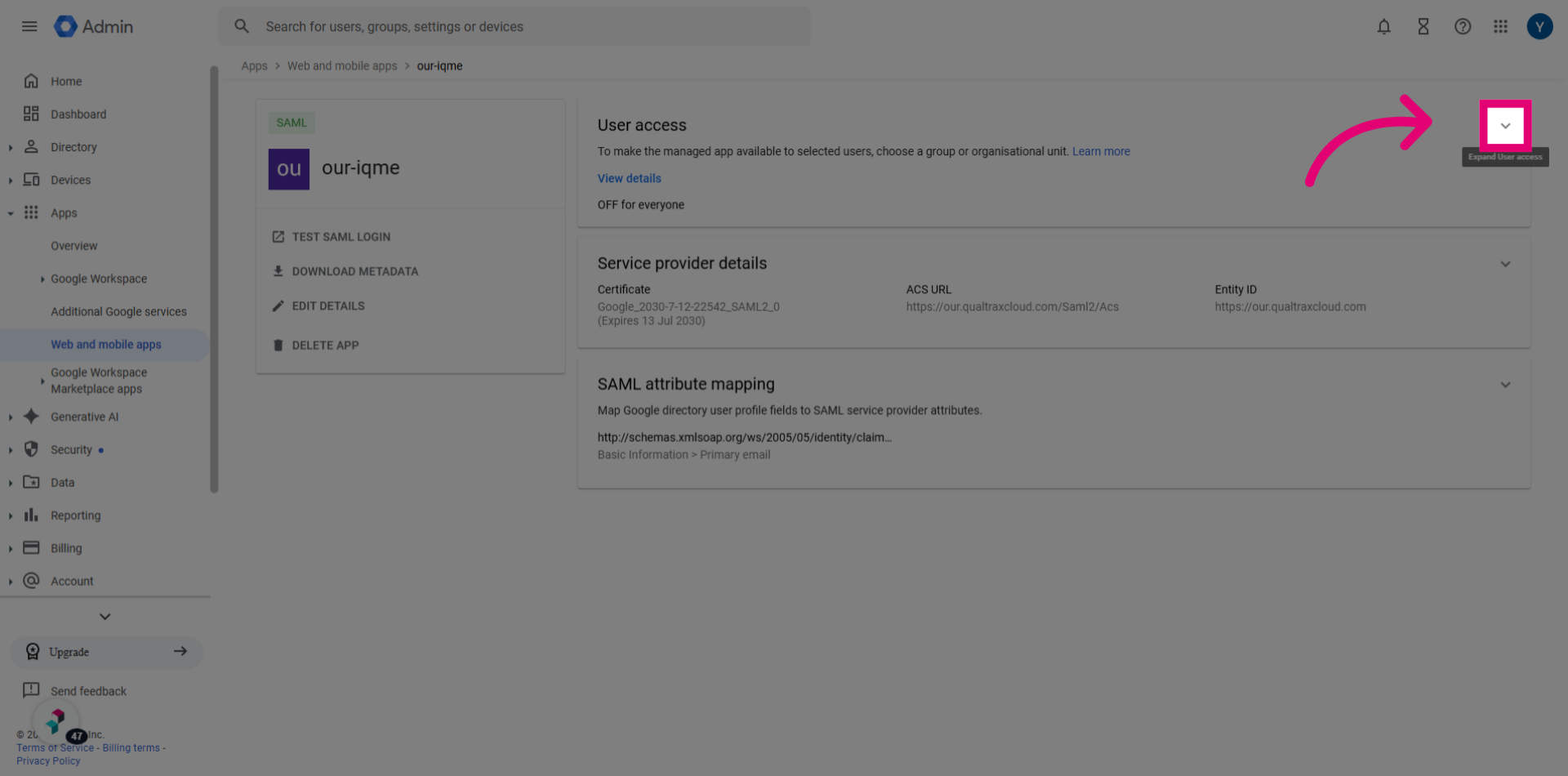 Click 'Expand icon' of 'User access' section