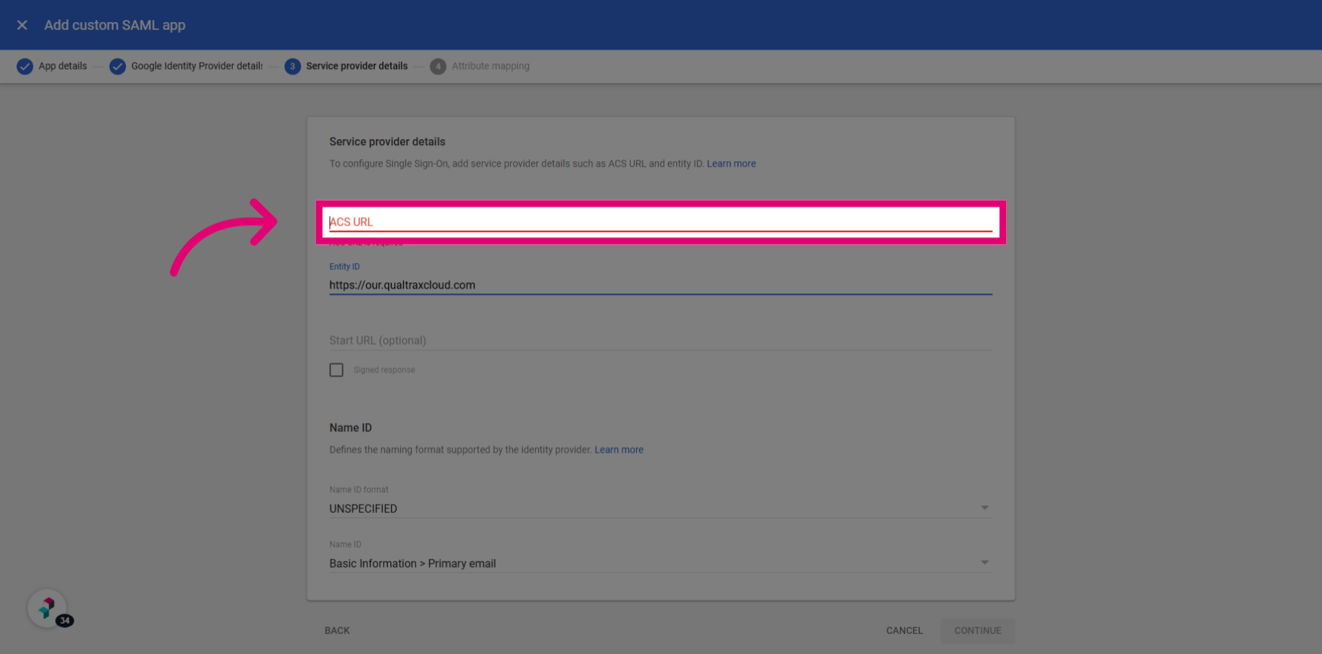 Paste the 'Reply URL' value to 'ACS URL'
