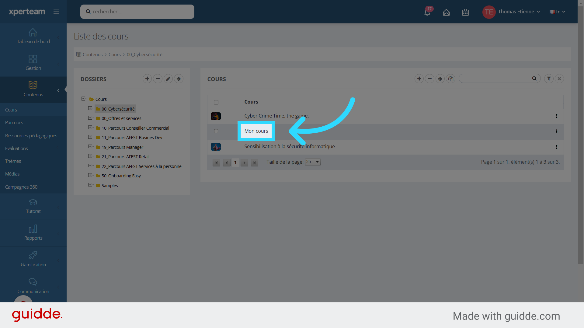 Double cliquez sur le cours à paramétrer