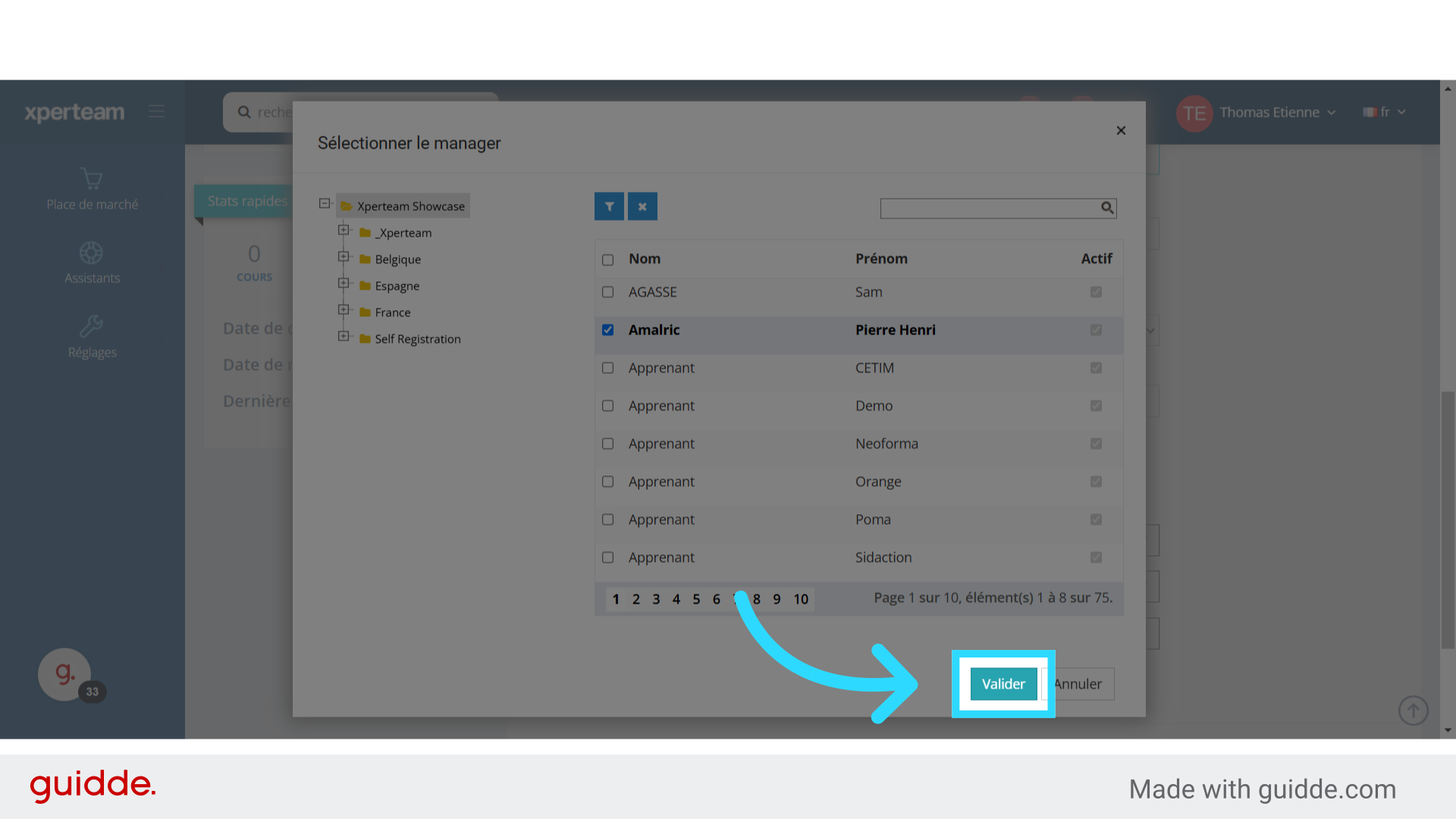 Après avoir sélectionné le manager, cliquez sur 'Valider'