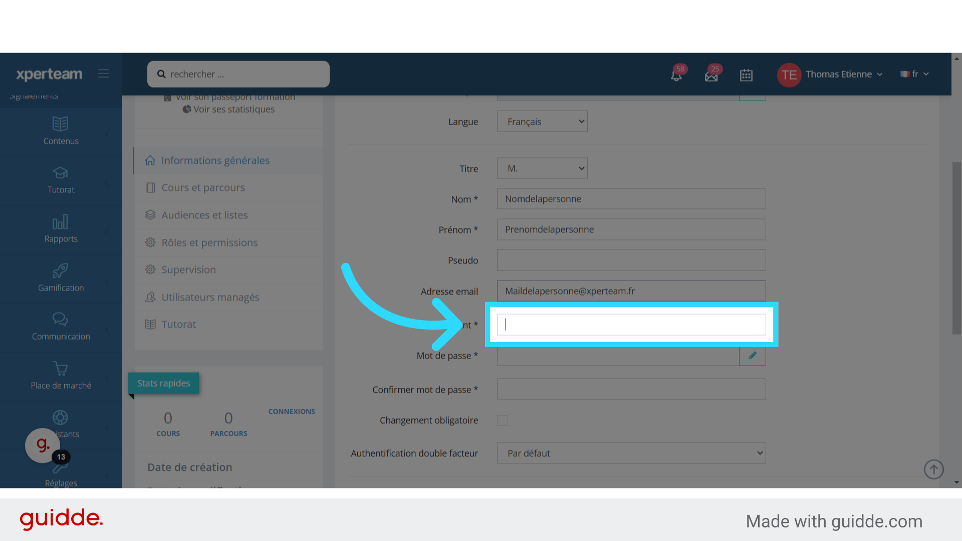 Indiquez l'identifiant de l'apprenant