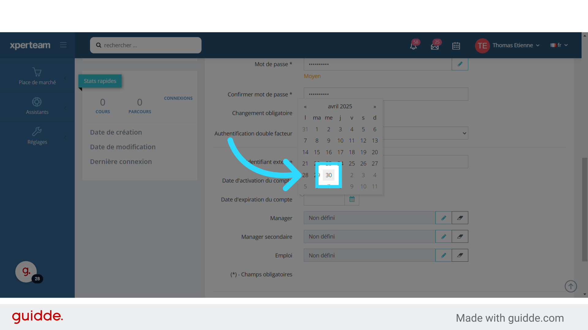 Utilisez le calendrier pour définir cette date.