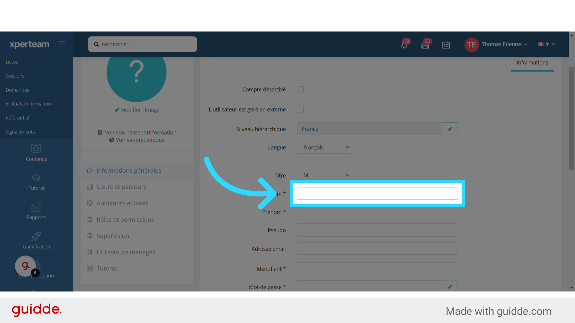 Indiquez le nom de l'apprenant