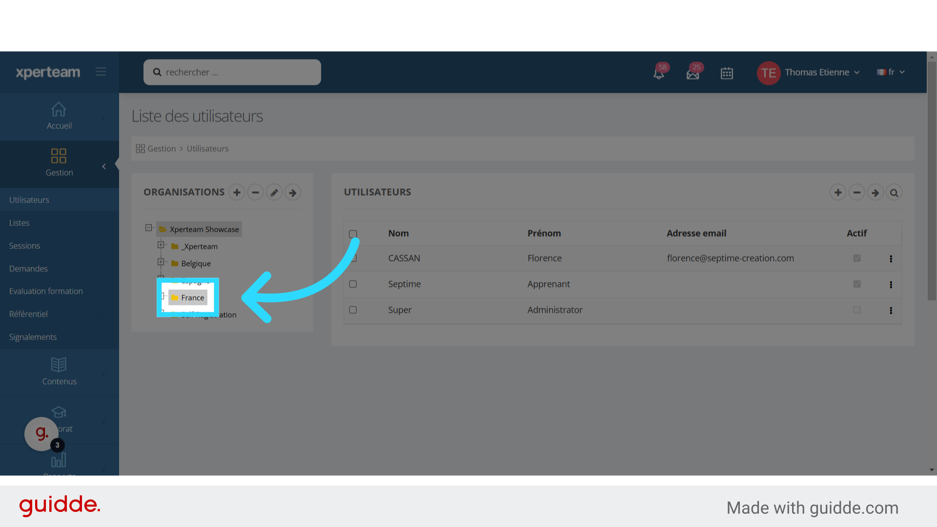 Cliquez sur l'organisation dans laquelle vous souhaitez créer votre apprenant.