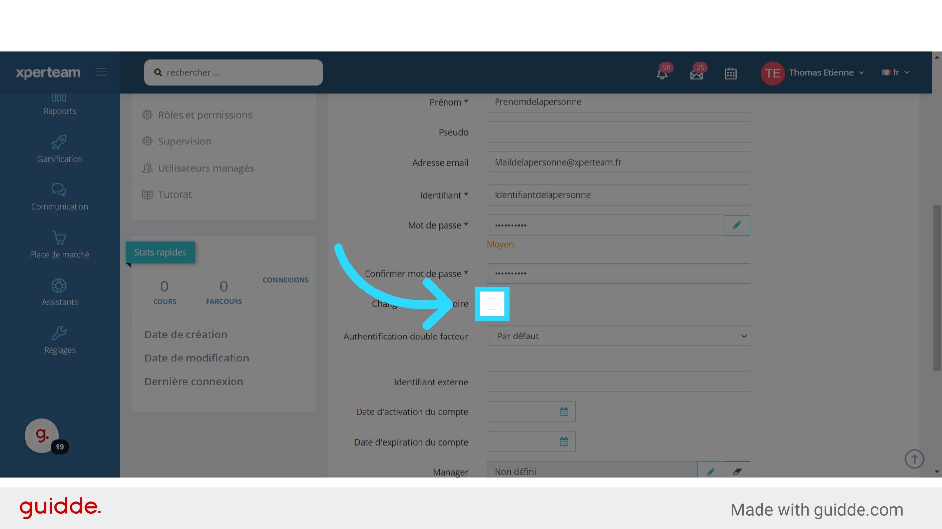 Vous pouvez rendre obligatoire la modification du mot de passe par l'apprenant à la prochaine connexion.