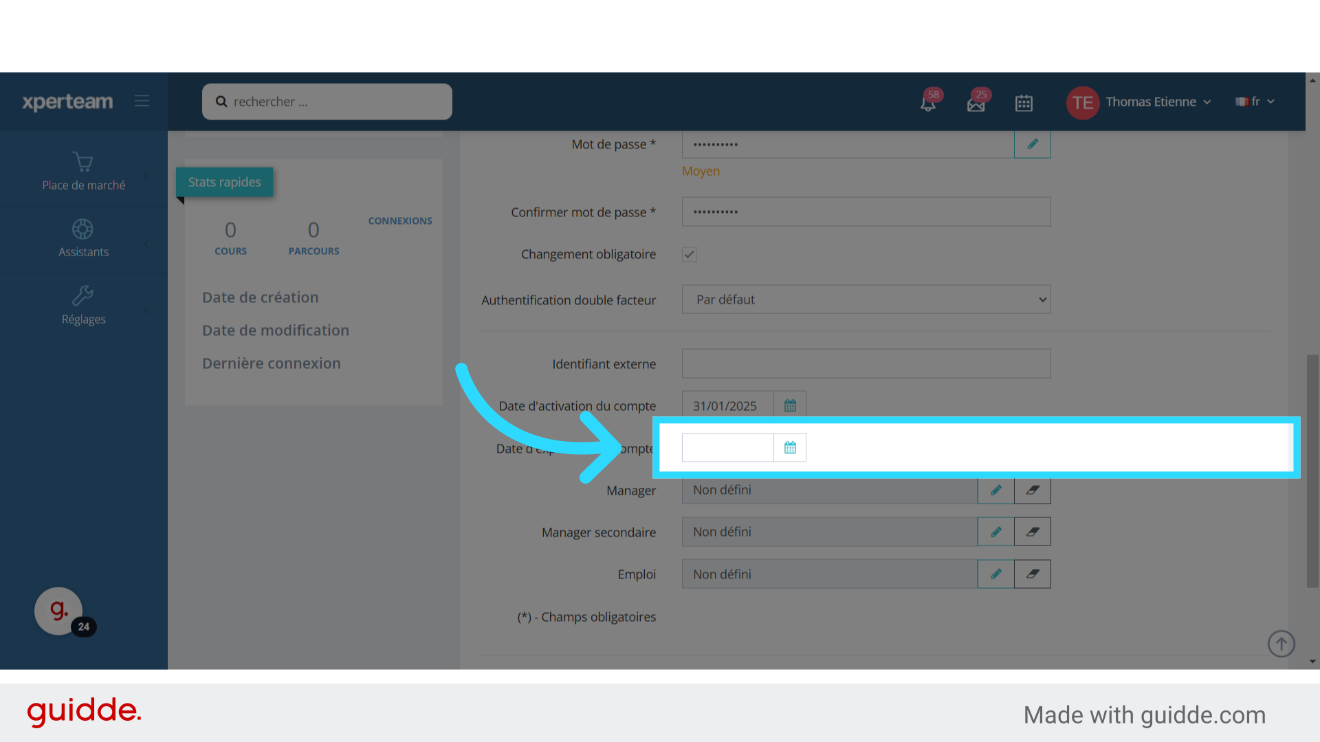 Vous pouvez également définir une date d'expiration du compte