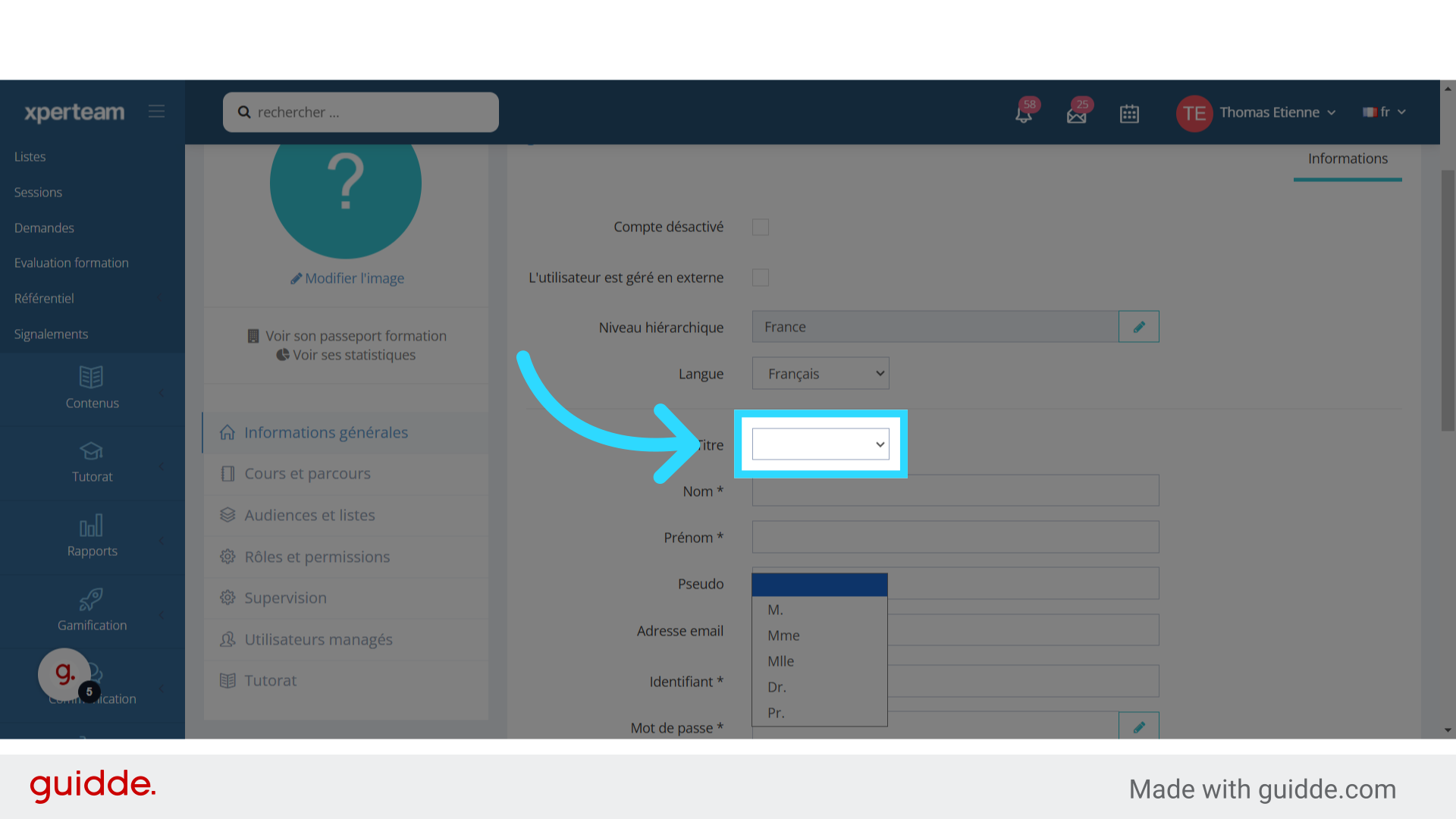 Choisissez la civilité 'M. , Mme, 	Mlle… '