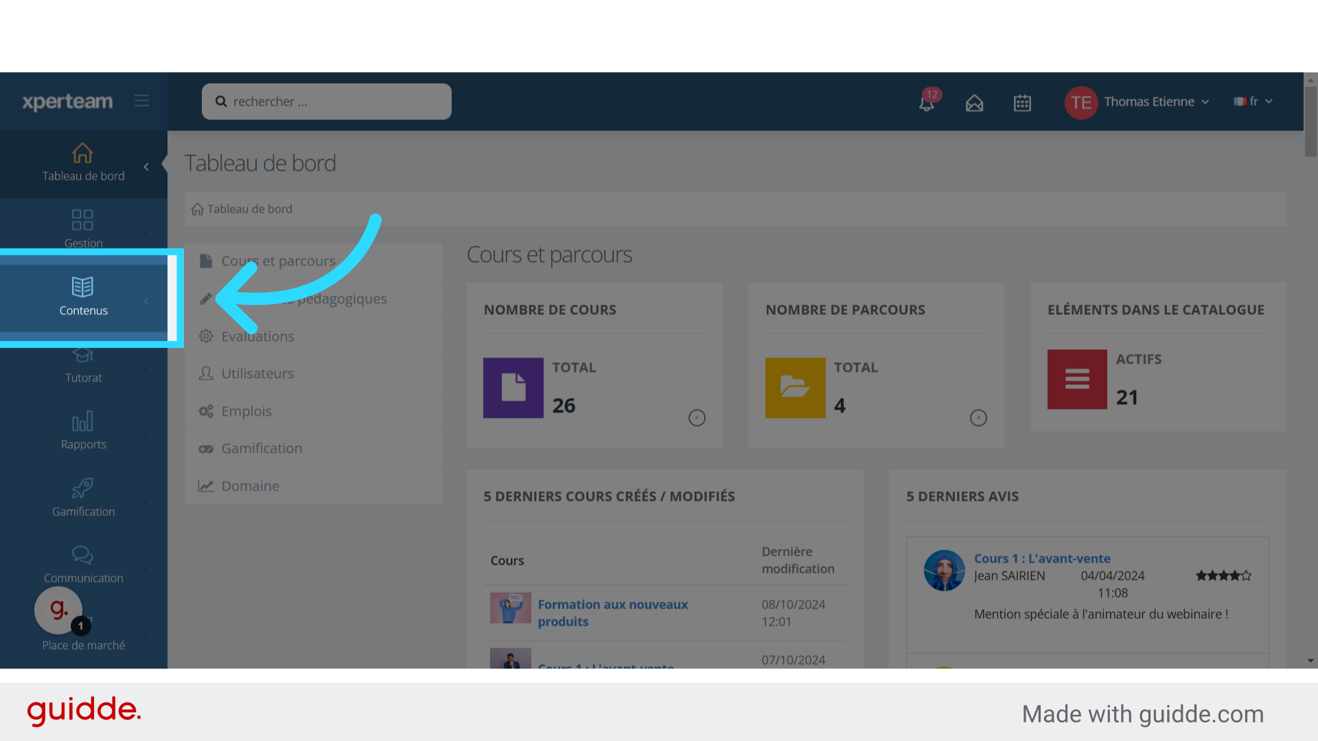 Cliquez sur 'Contenus'