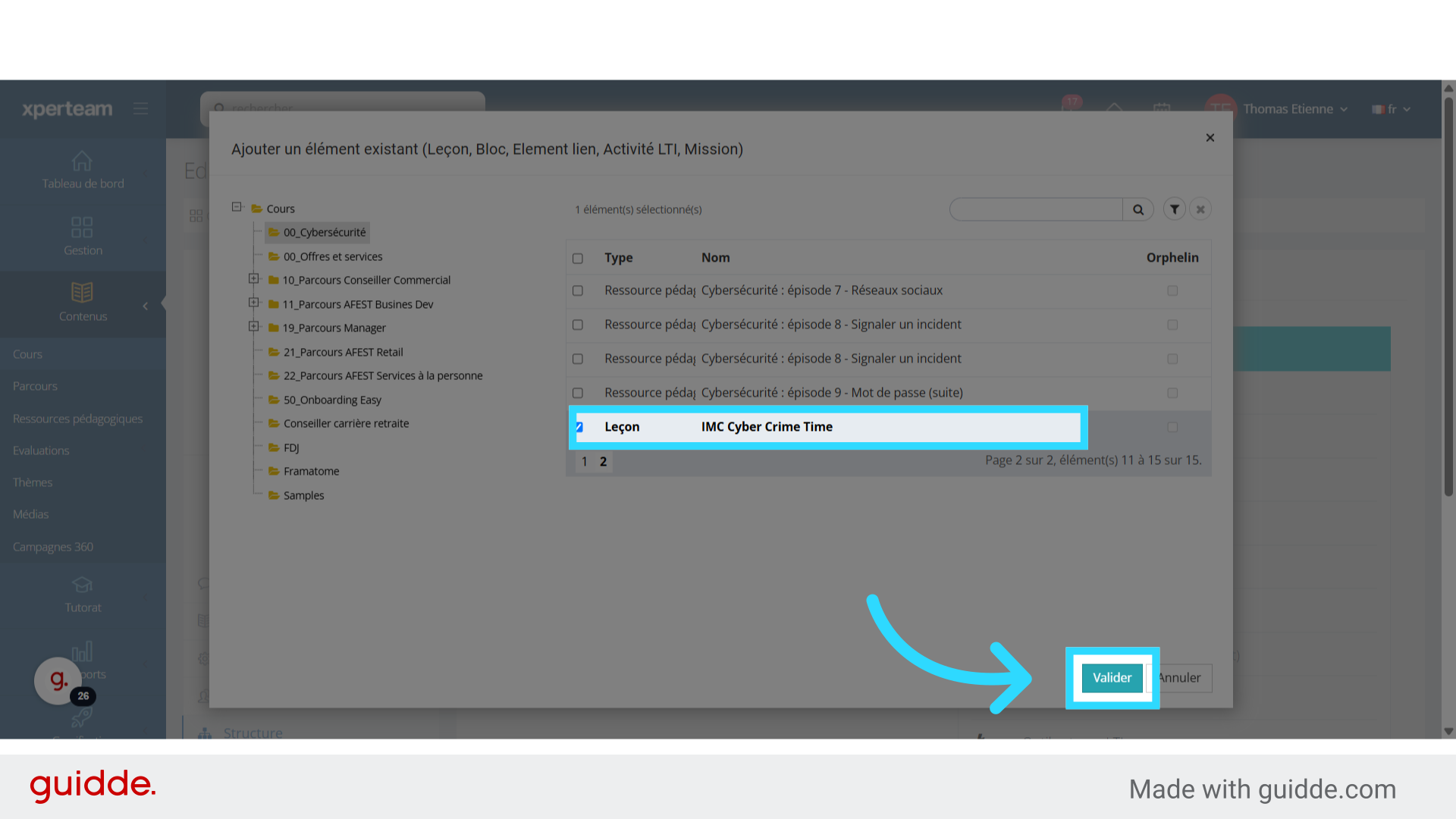 Choix de la leçon existante
