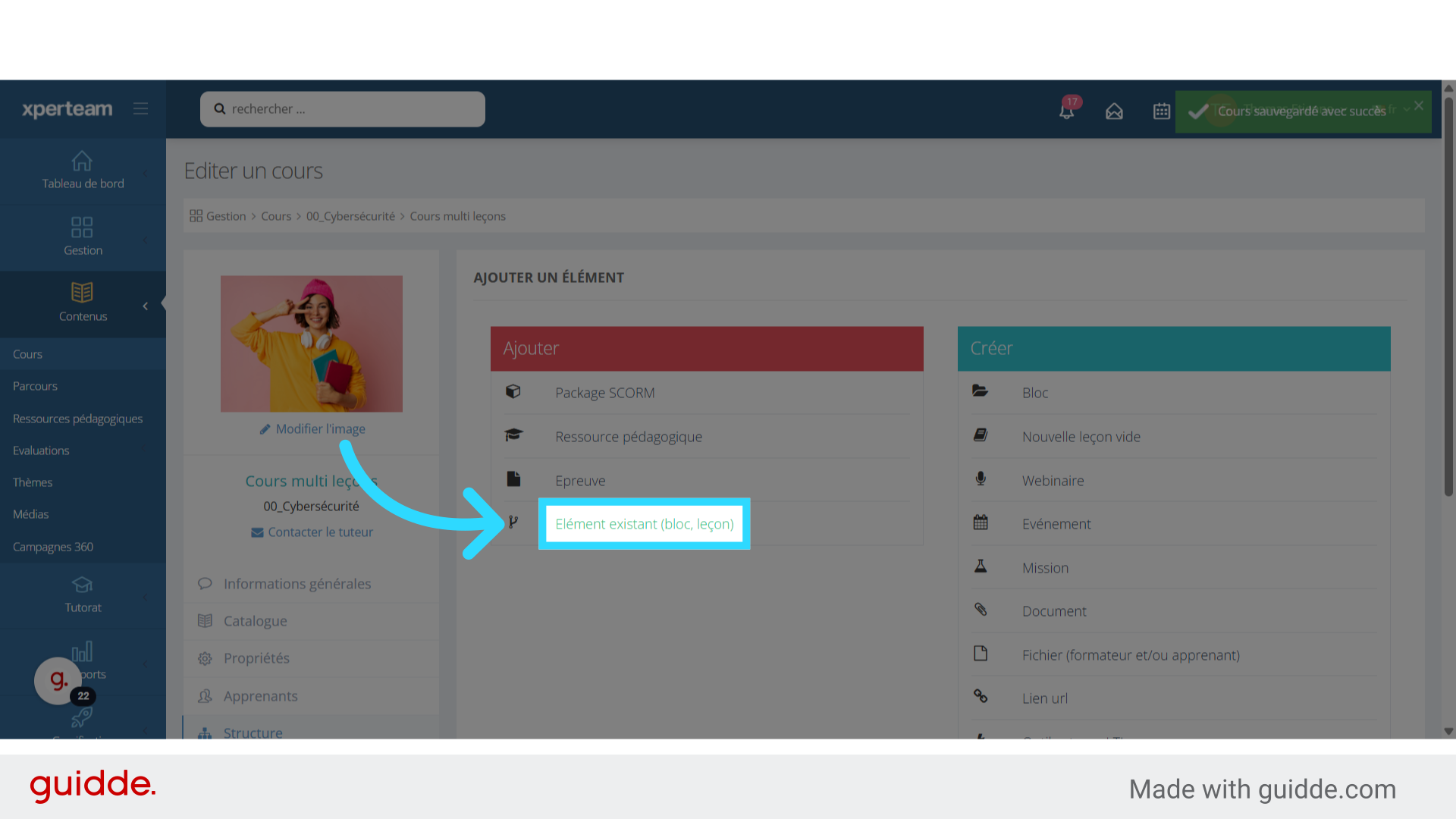 Choix de la leçon de type l'élément existant