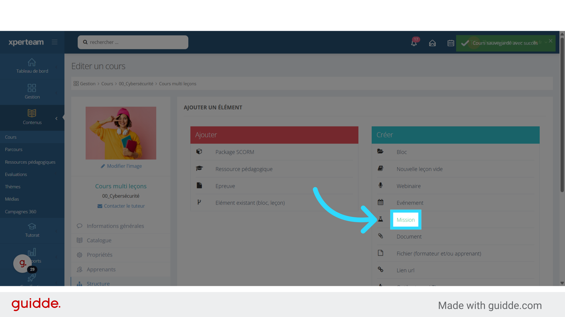 Choix de la leçon de type 'Mission'