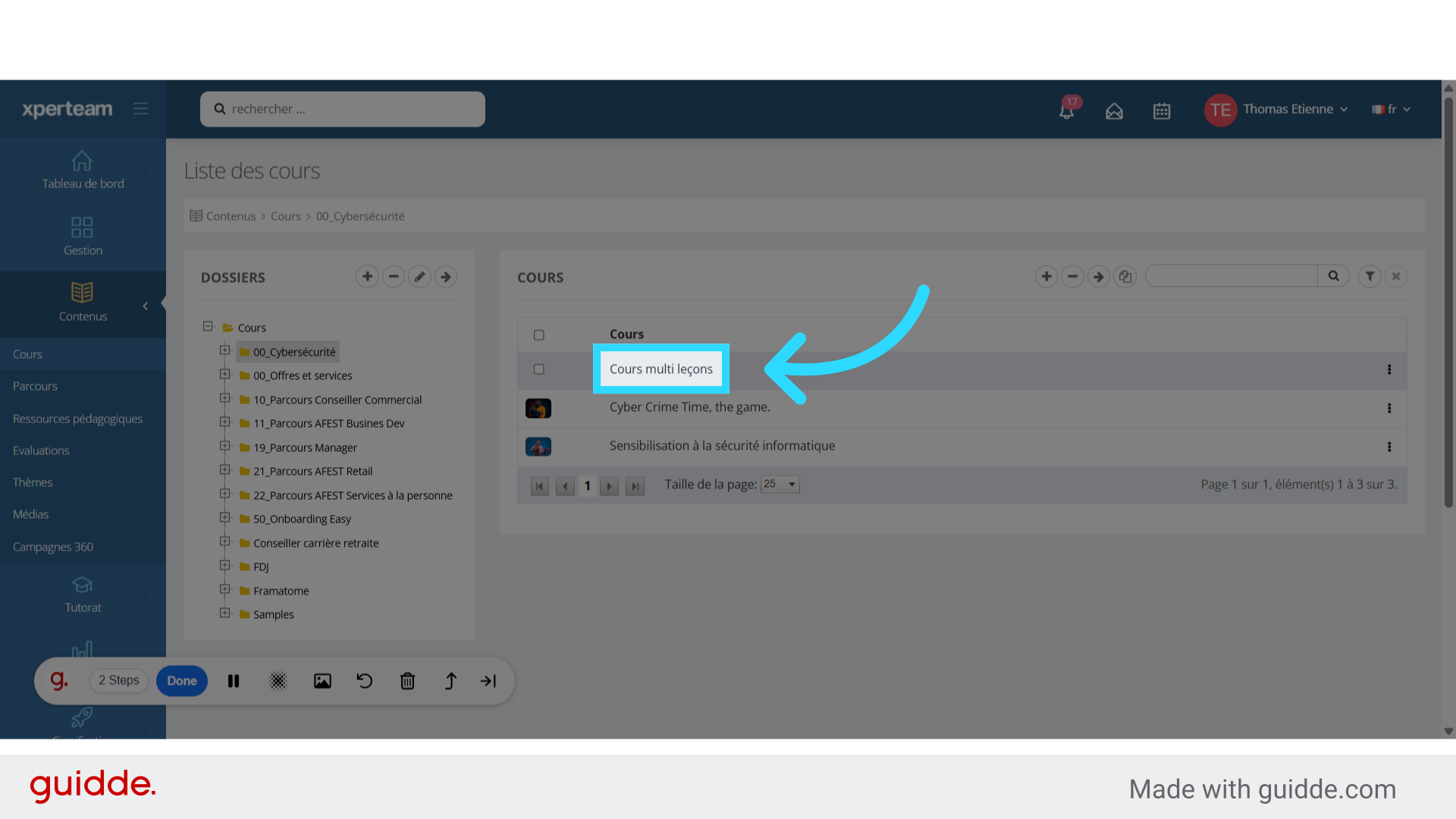Cliquez sur le cours à modifier