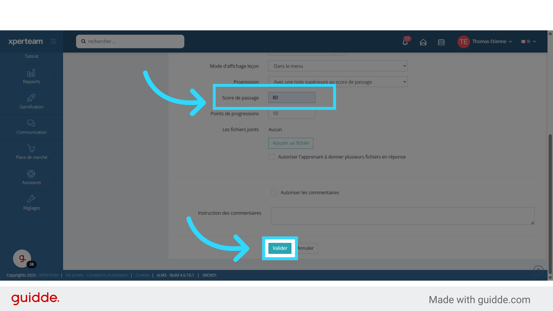 Indication de la note de passage