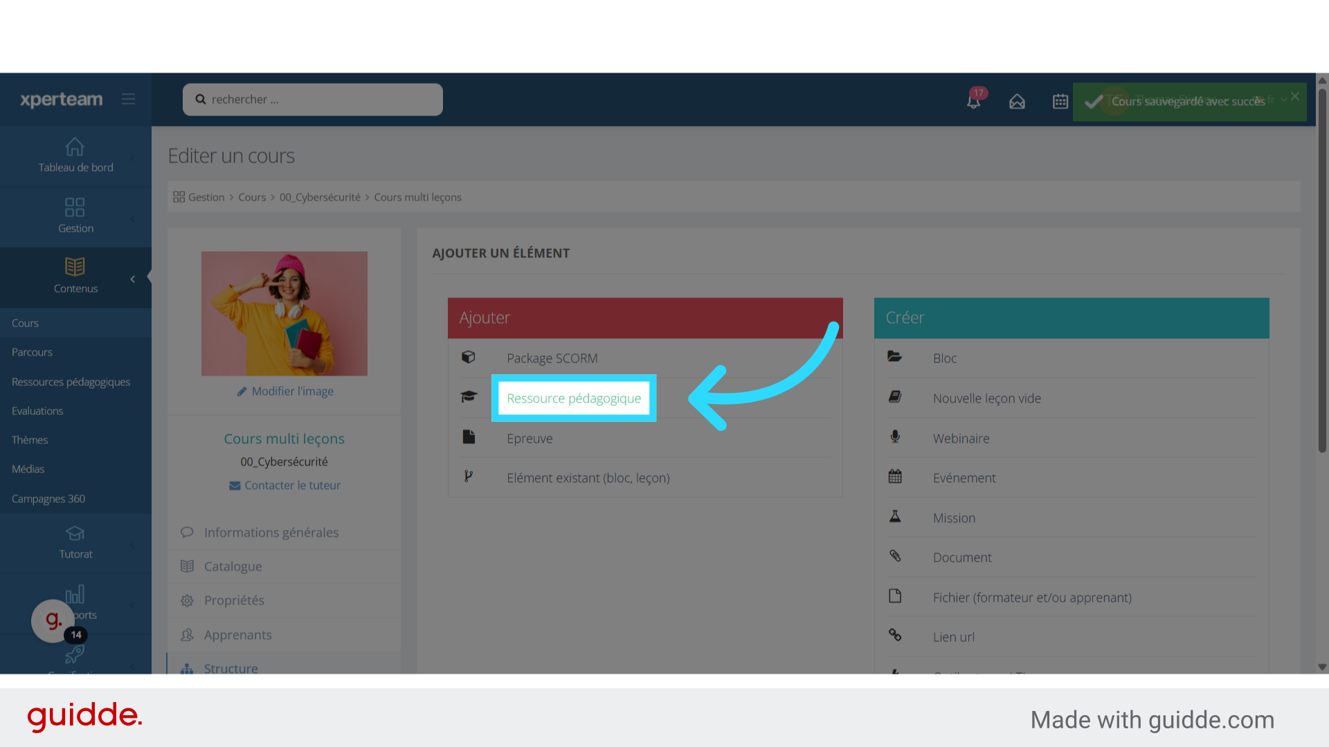 Choix de la leçon de type 'Ressource pédagogique'