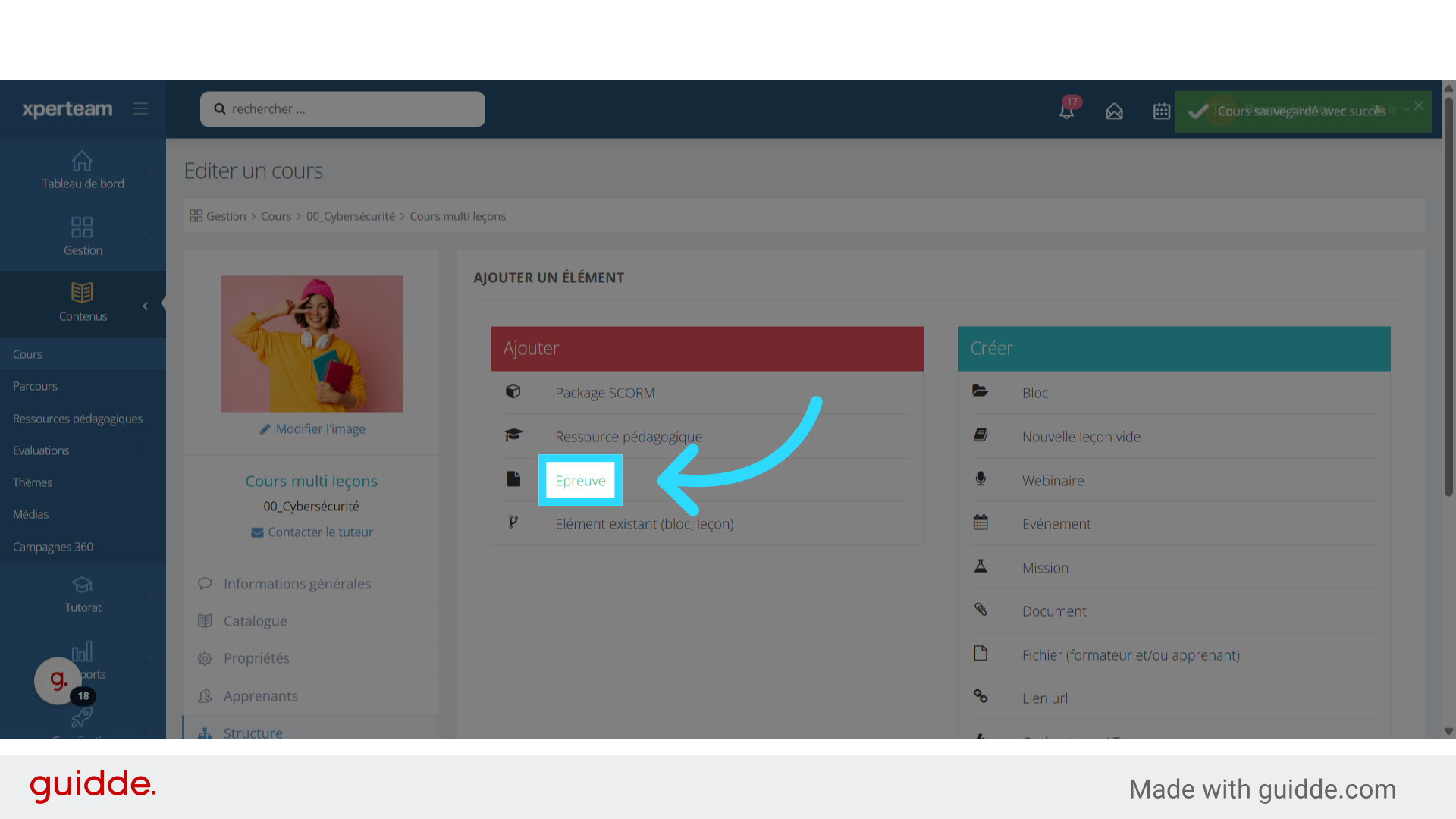 Choix de la leçon de type 'Epreuve'