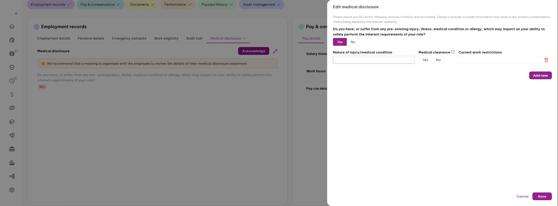 Detail Medical Condition and Clearance