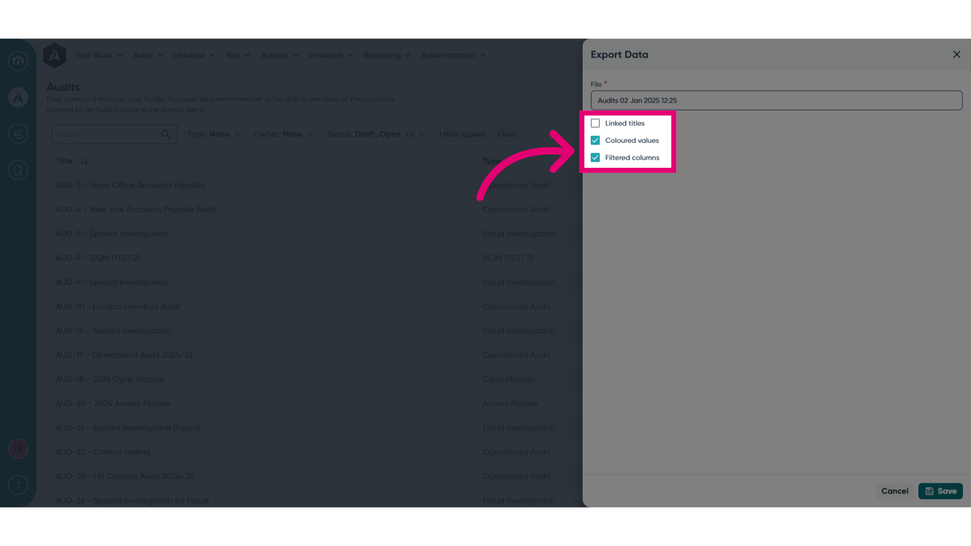 Select export options