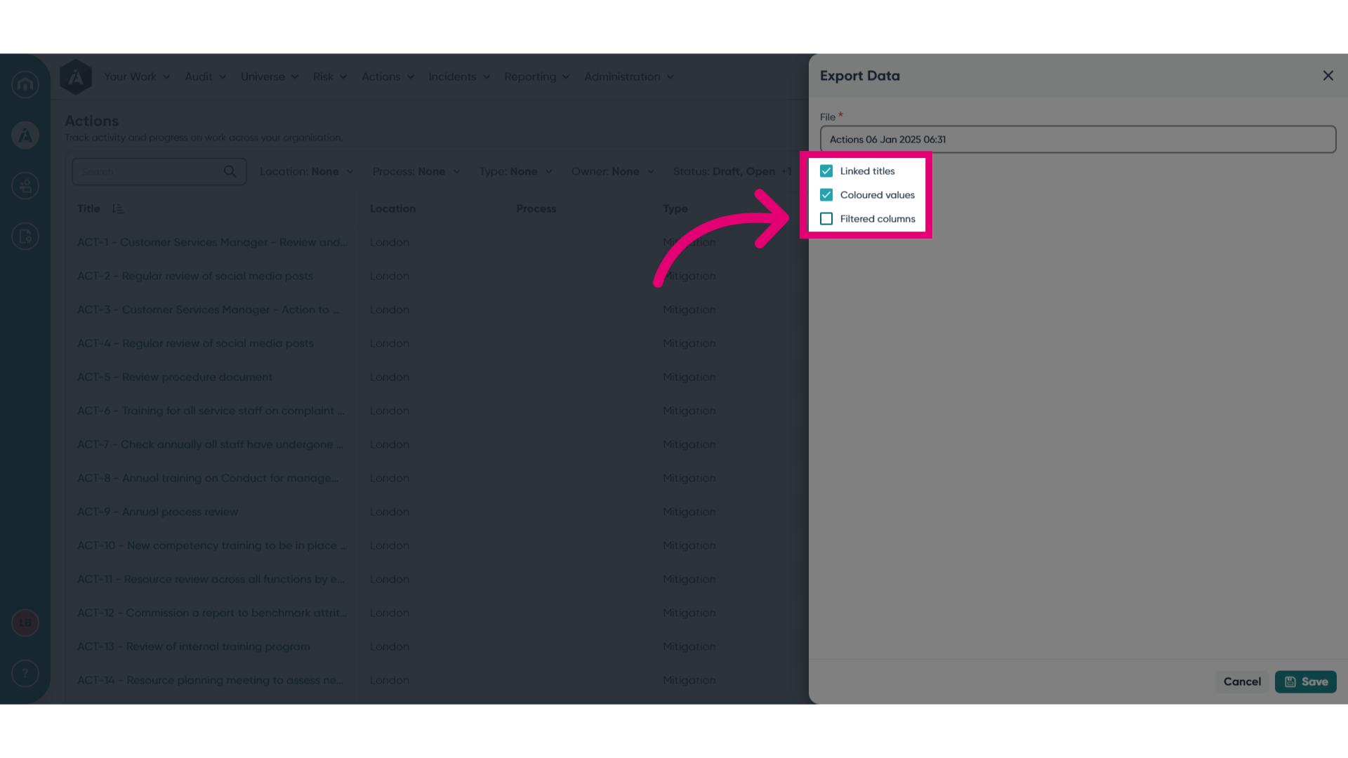 Select export options