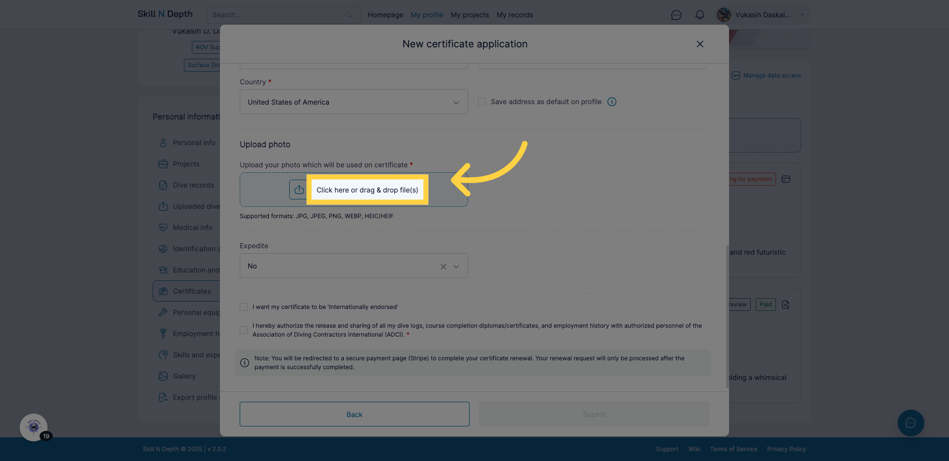 Upload photo for your certificate