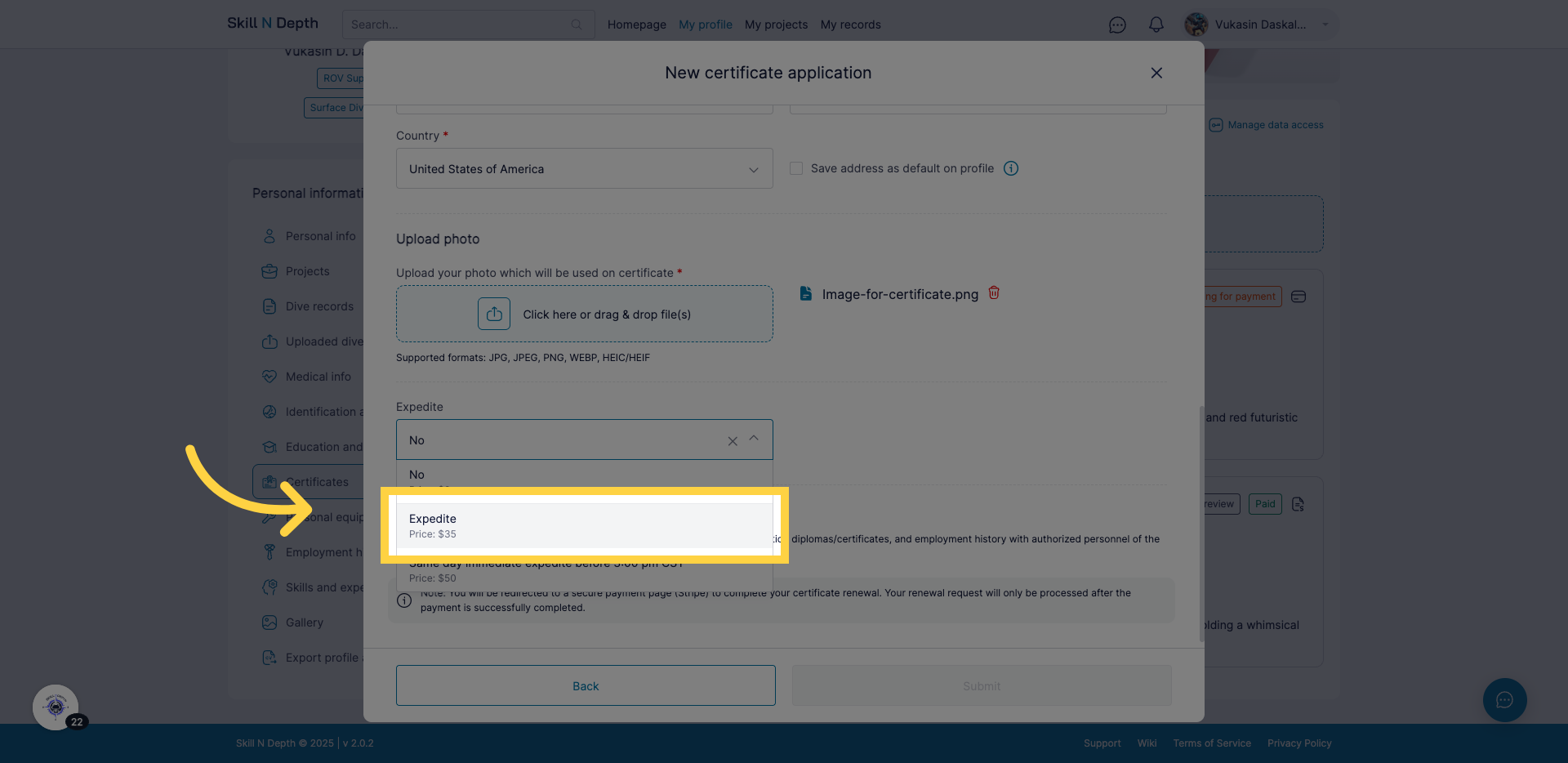 Selecting expedite option