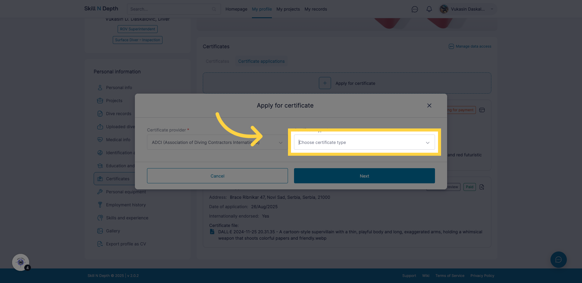 Select certificate type