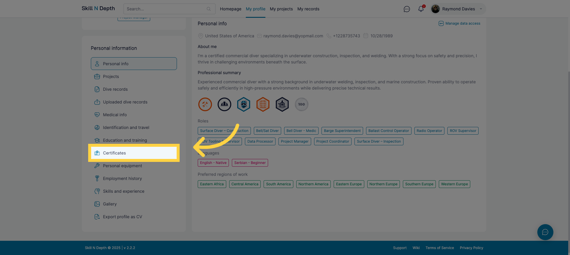 Access Certificates Section