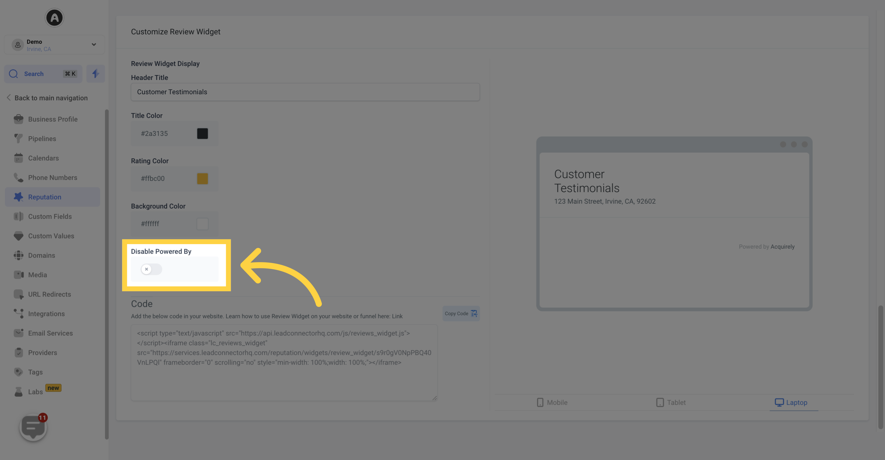 Toggle switch on to 'Disable Powered By'