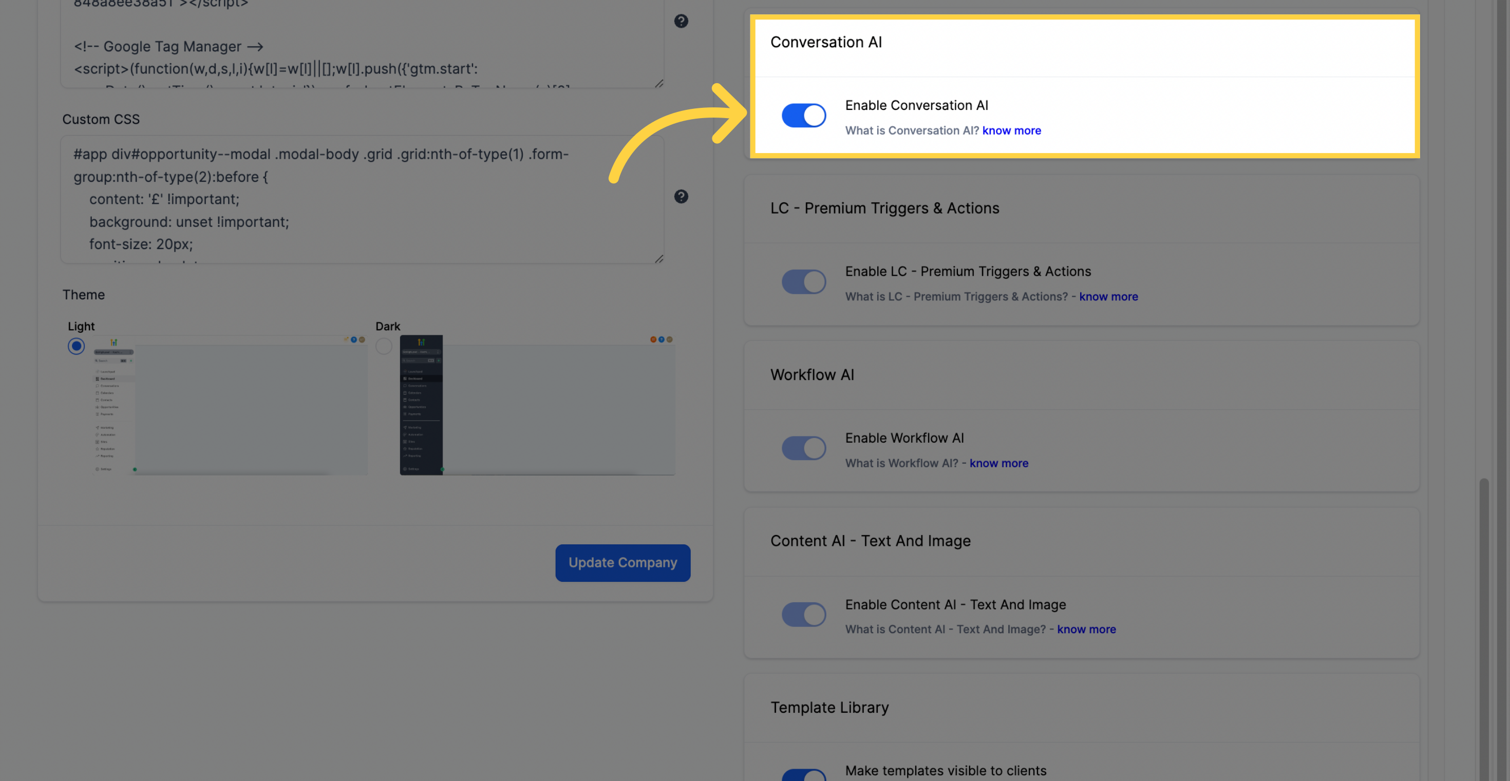 Toggle switch on to 'Enable Conversation AI'