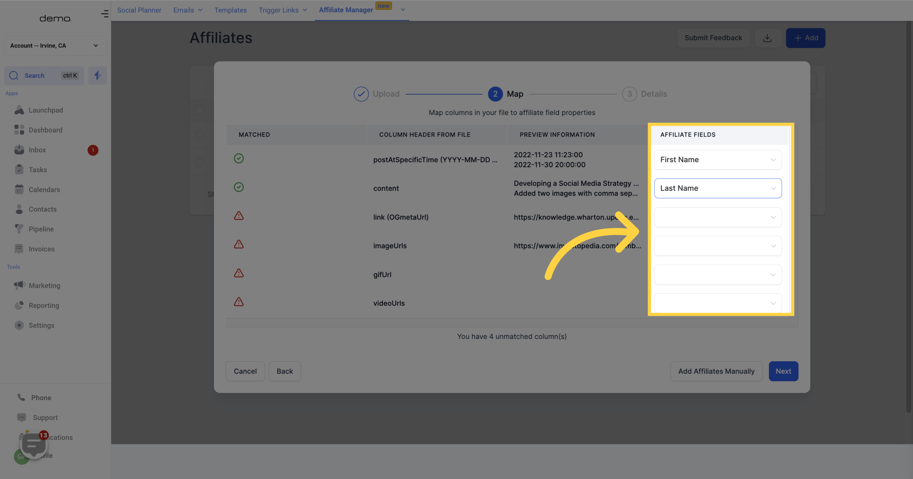 Affiliates fields