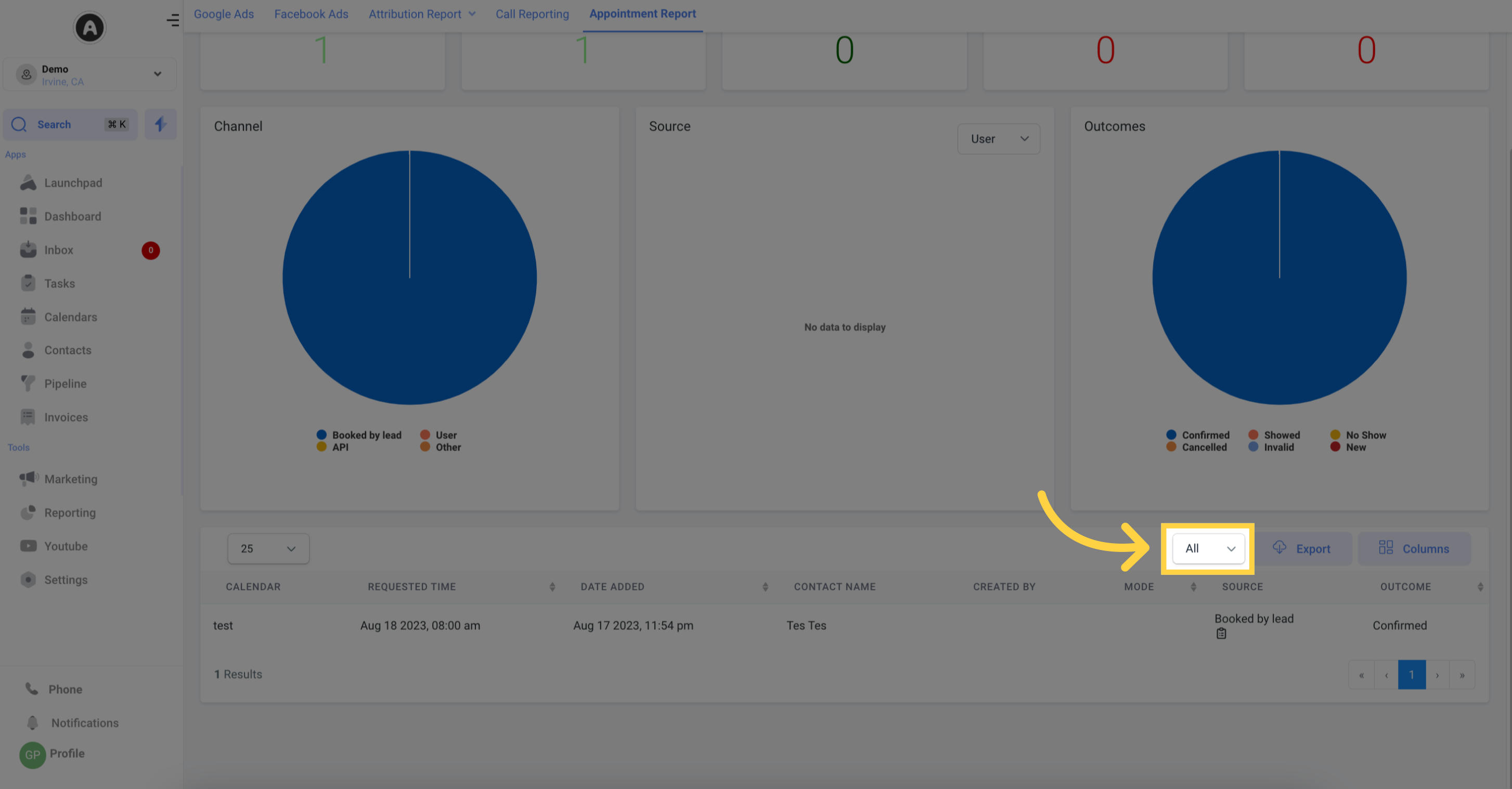 Appointment Outcome Filter