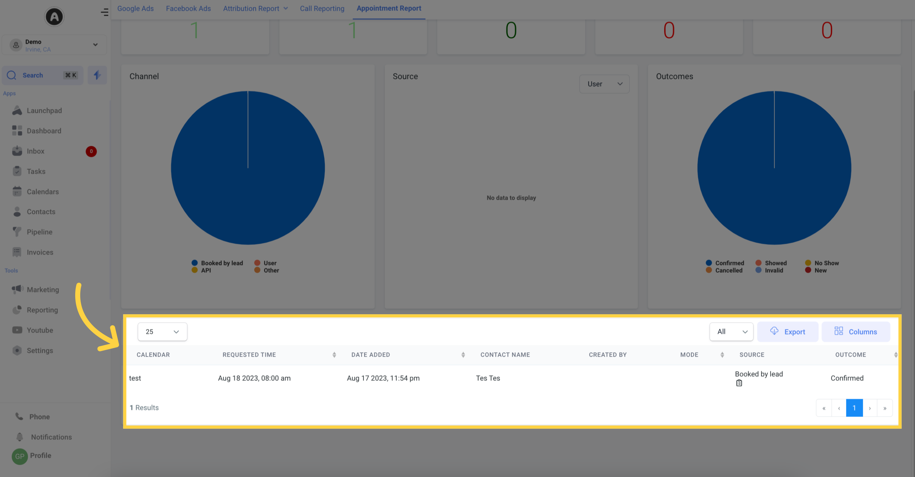 Appointment Data Table