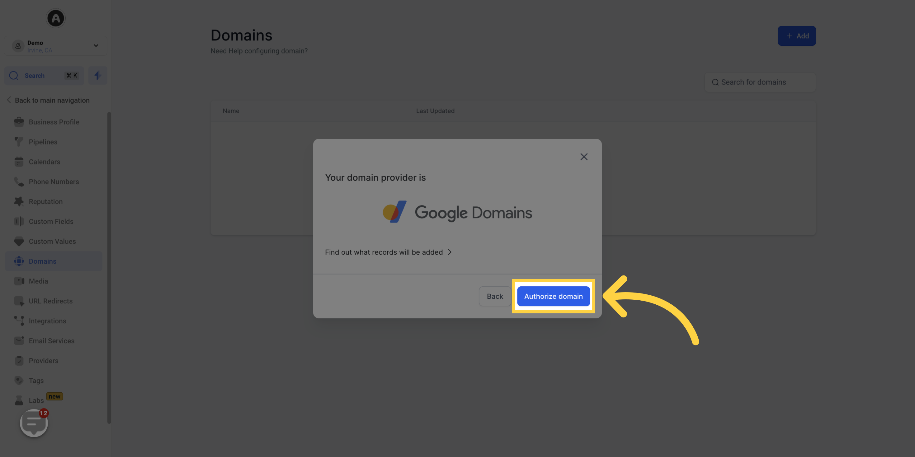 Click 'Authorize Domain'