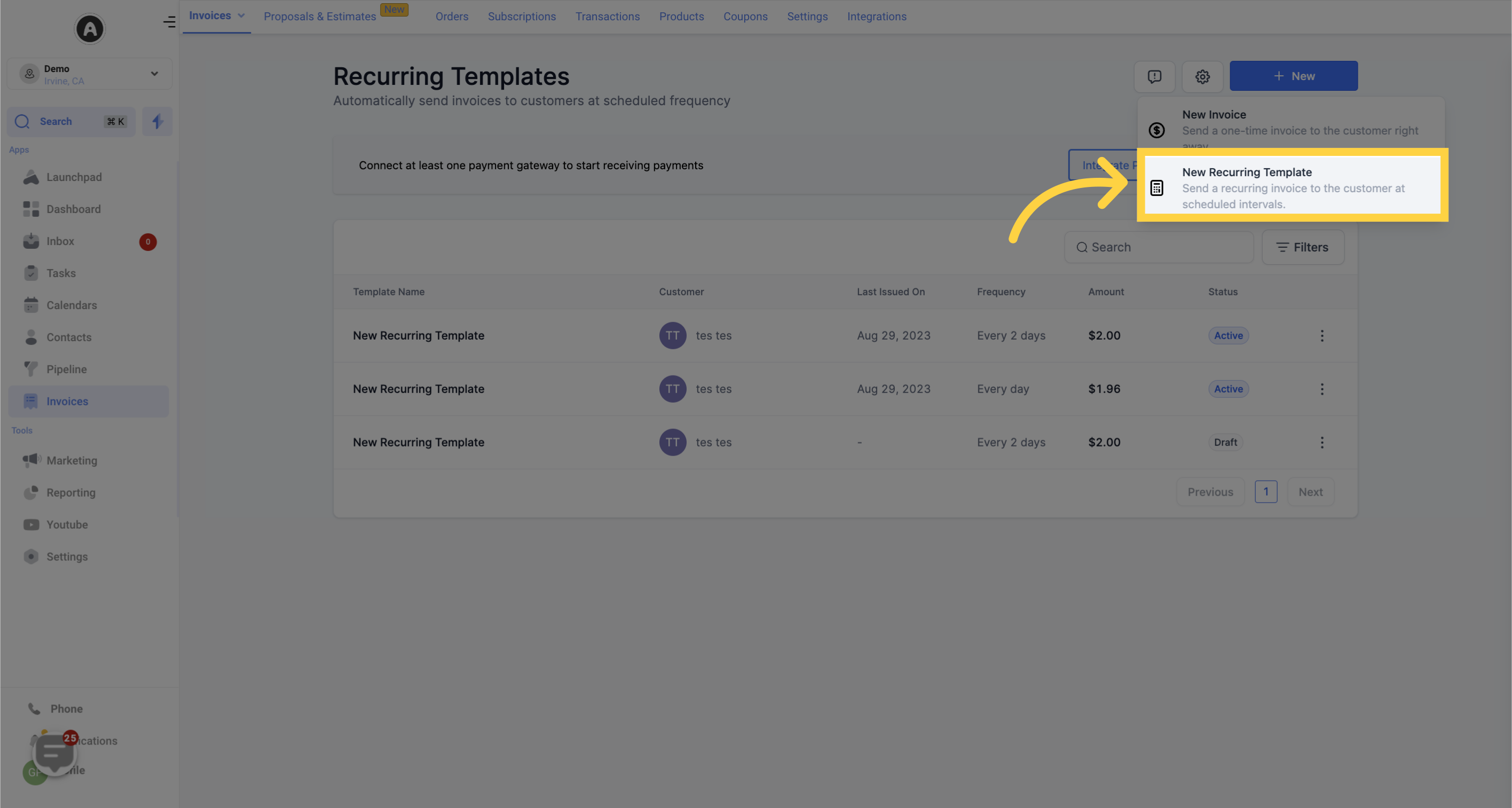 Click here to 'Create New Recurring Template'