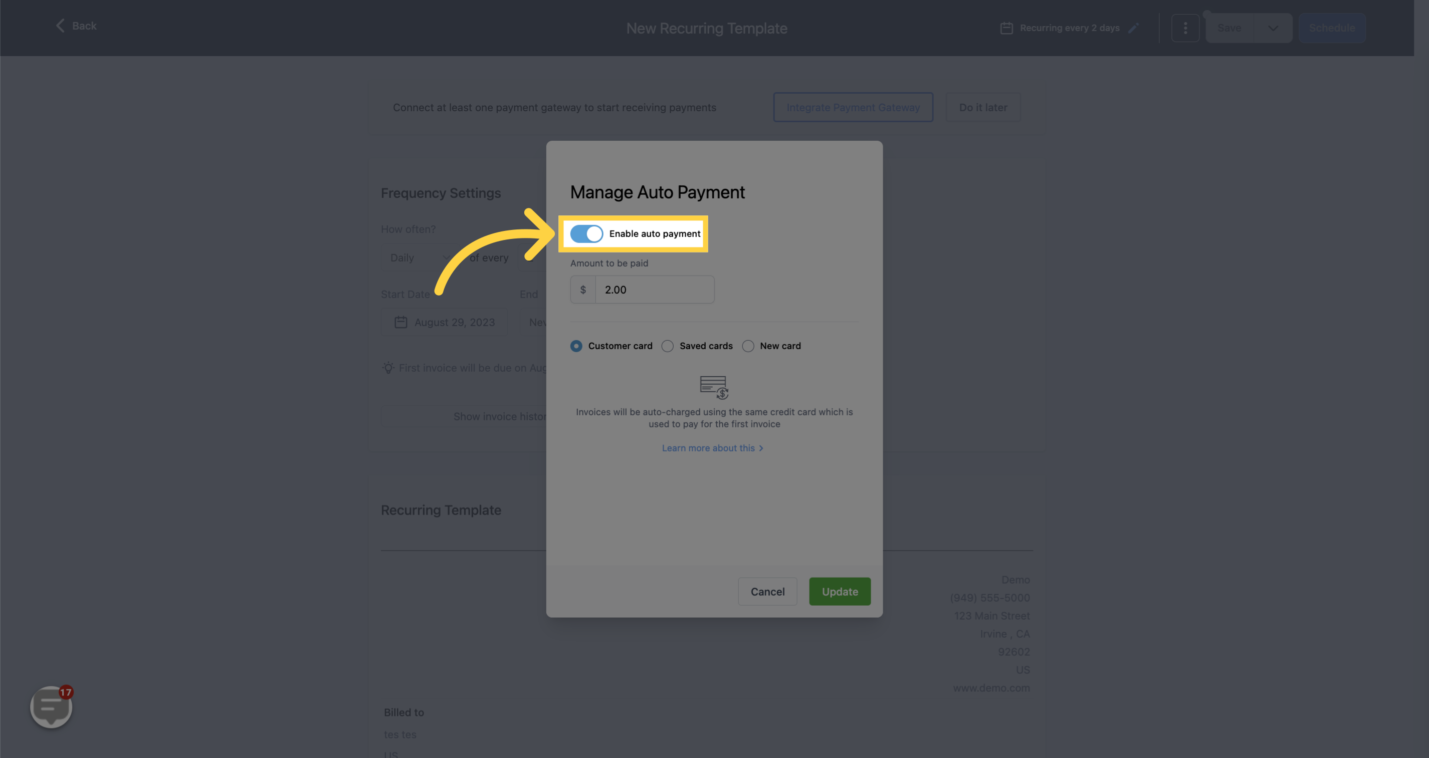 Toggle switch on to 'Enable auto payment'