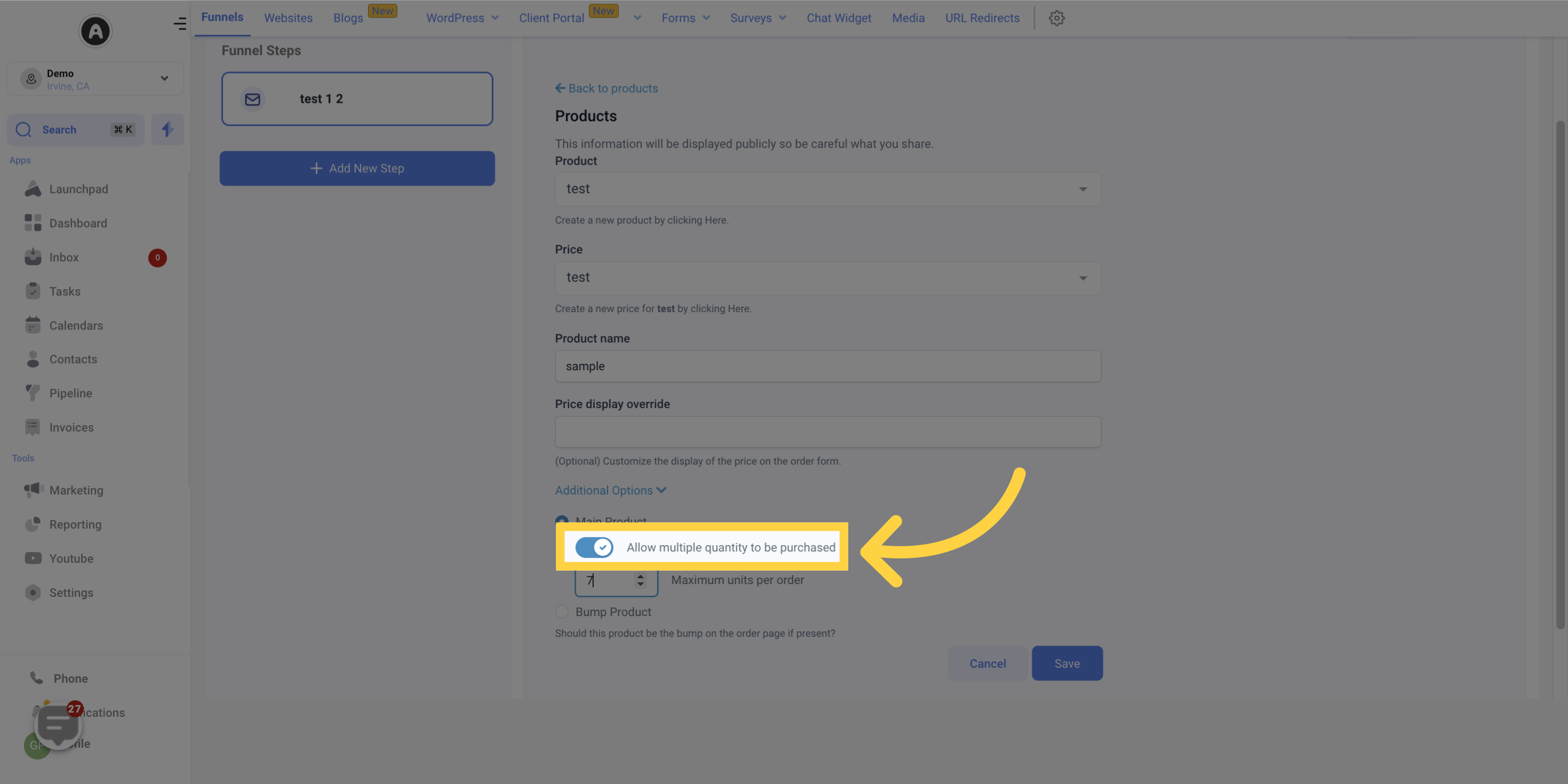 Toggle switch on to 'Allow Multiple Quantity to be purchased'