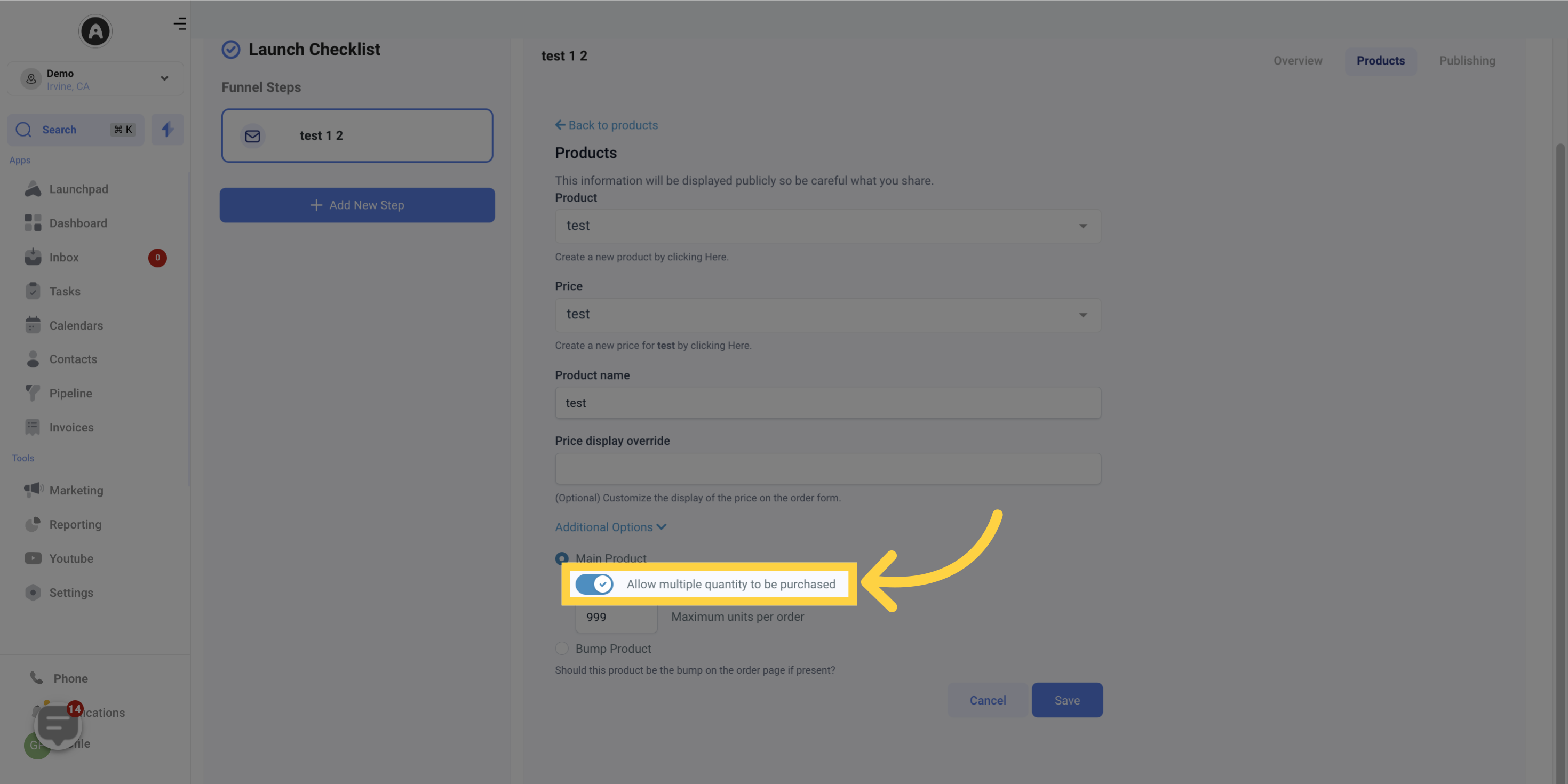 Toggle Switch on to 'Allow Multiple Quantity to be purchased'