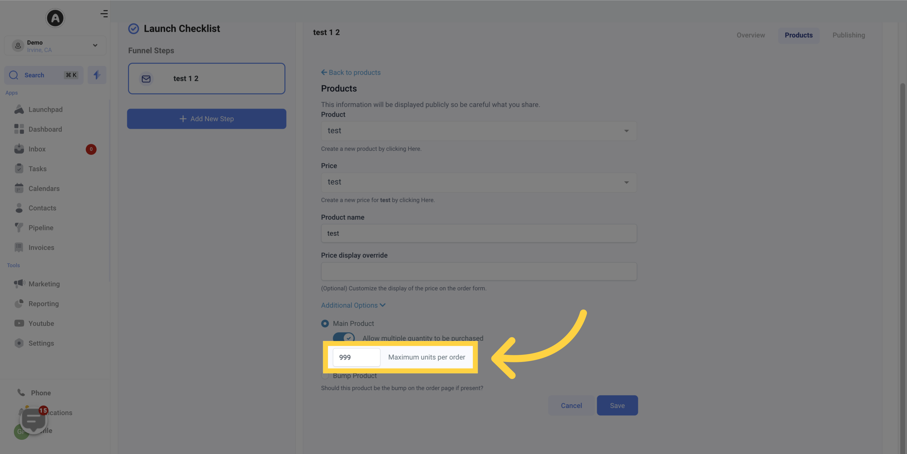 Input 'Maximum units per order'