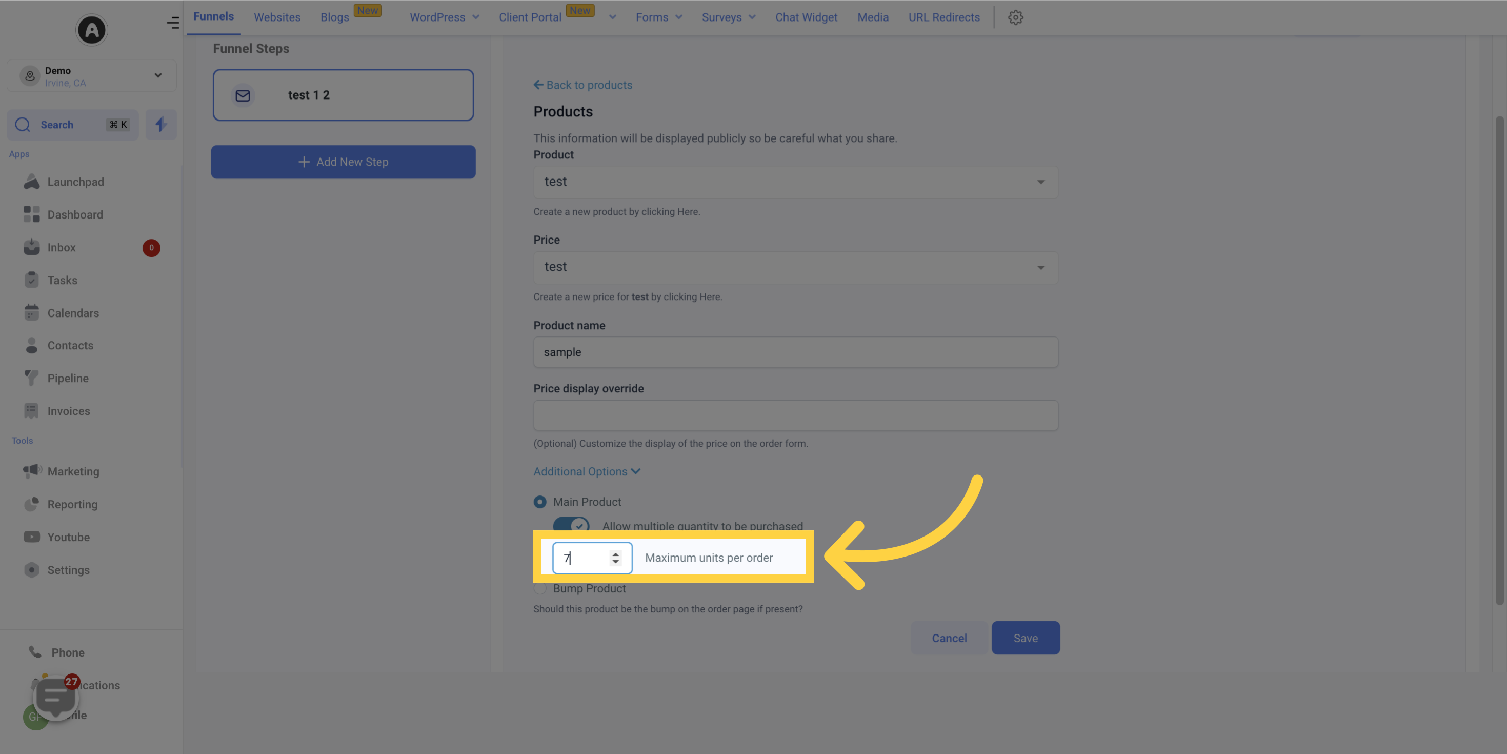 Input 'Maximum unit per order'