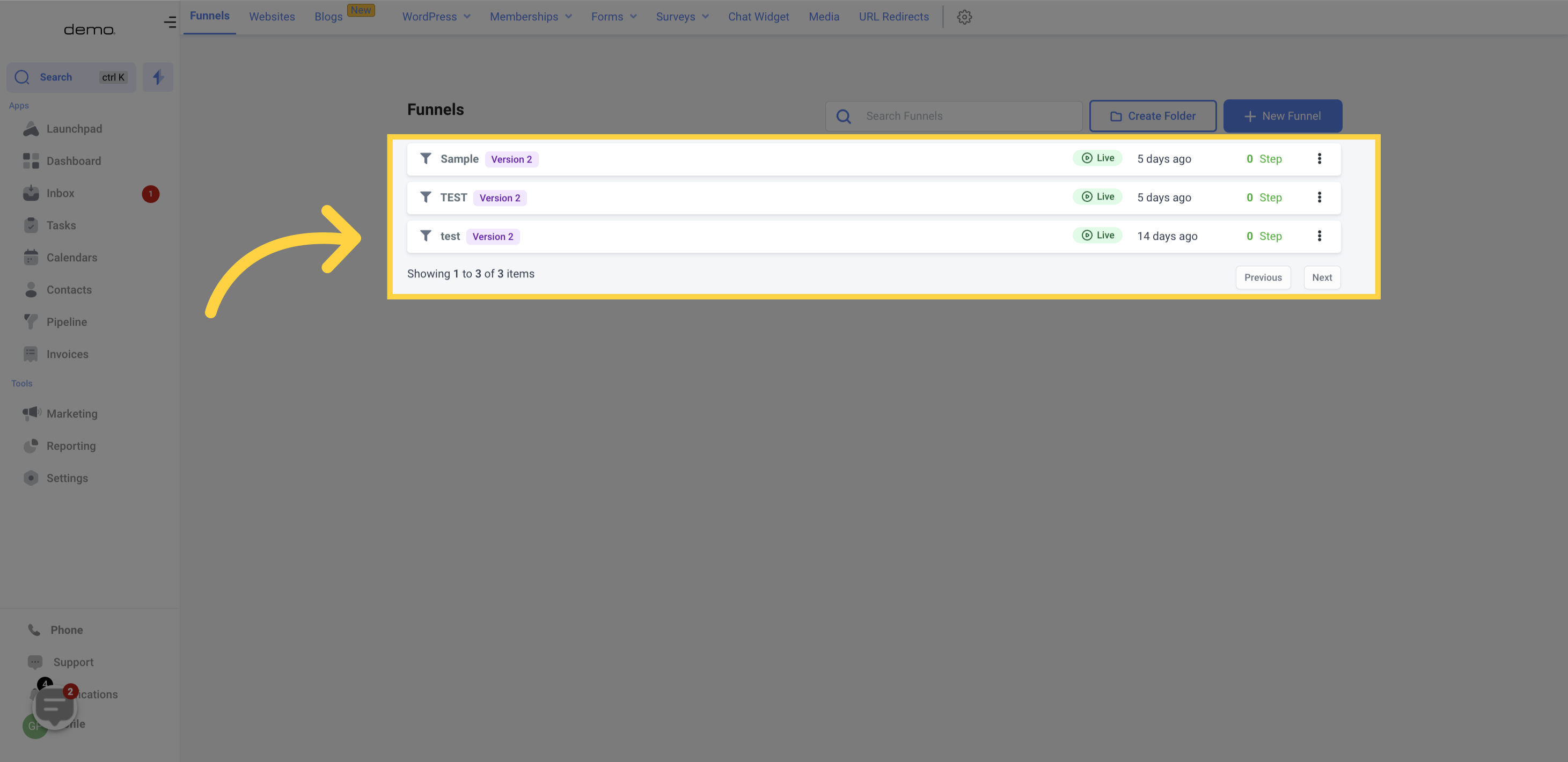 Funnels list