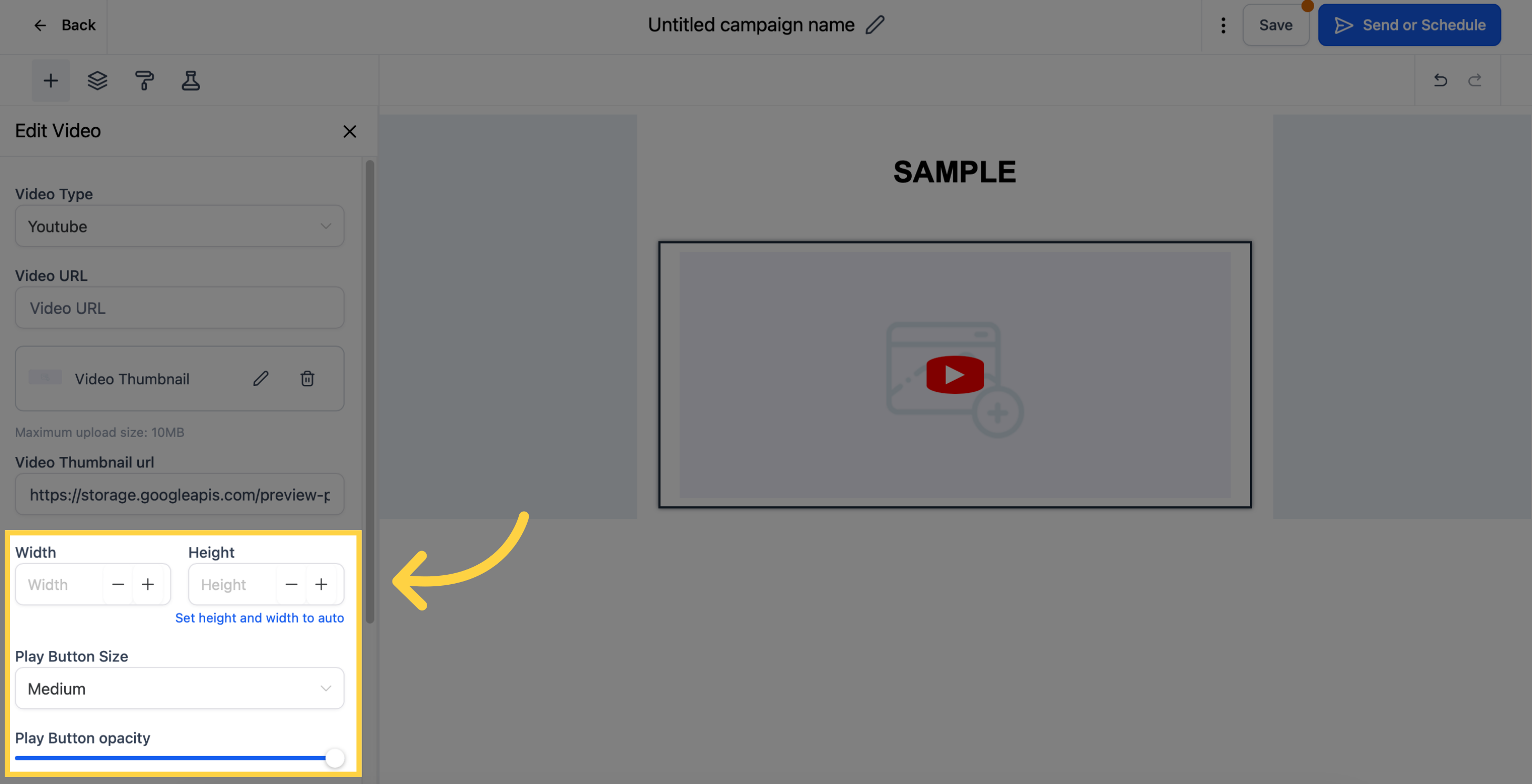 Customize width, height and play button