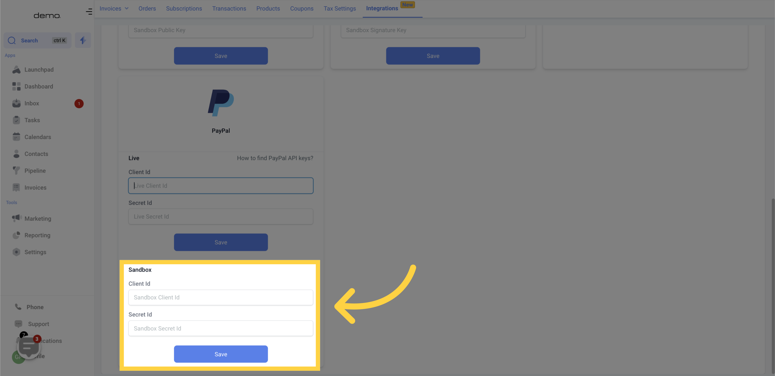 Input account for test payments