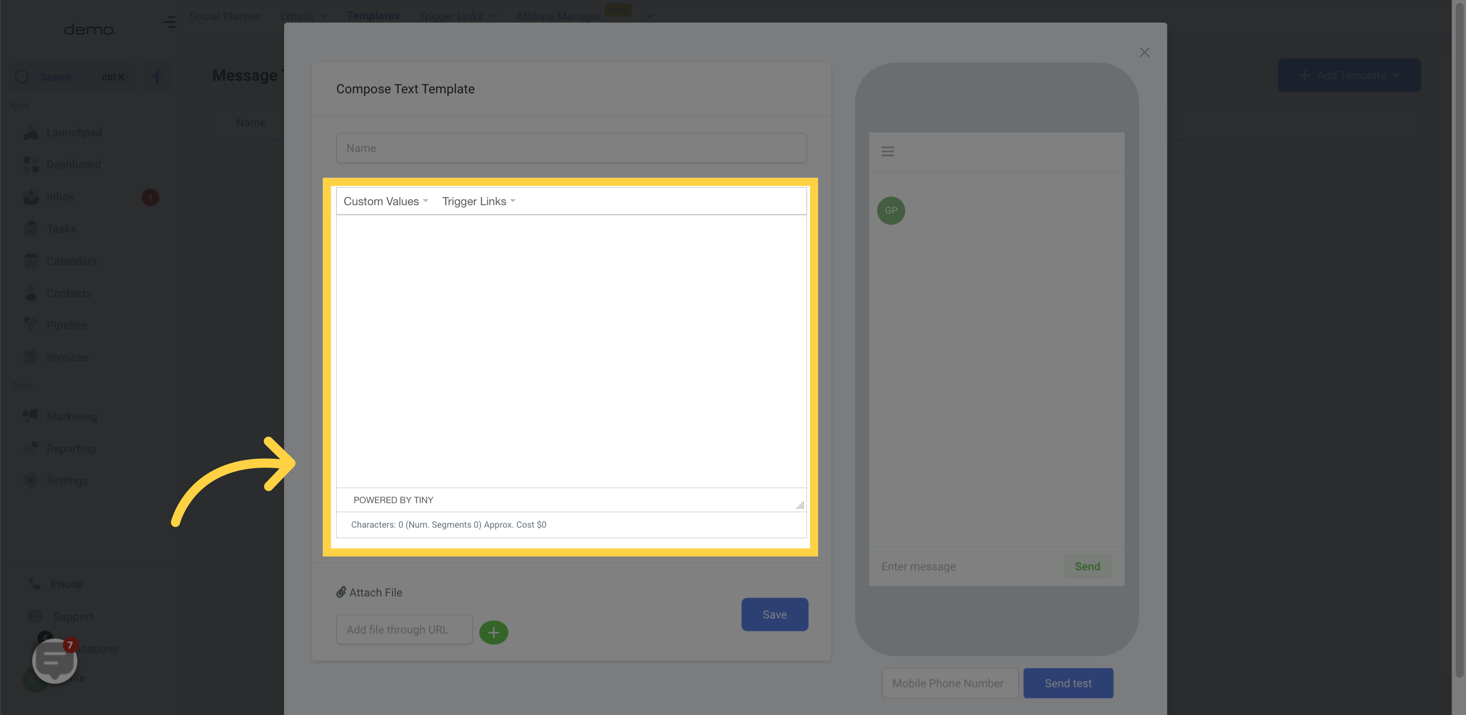 SMS Template Body Section