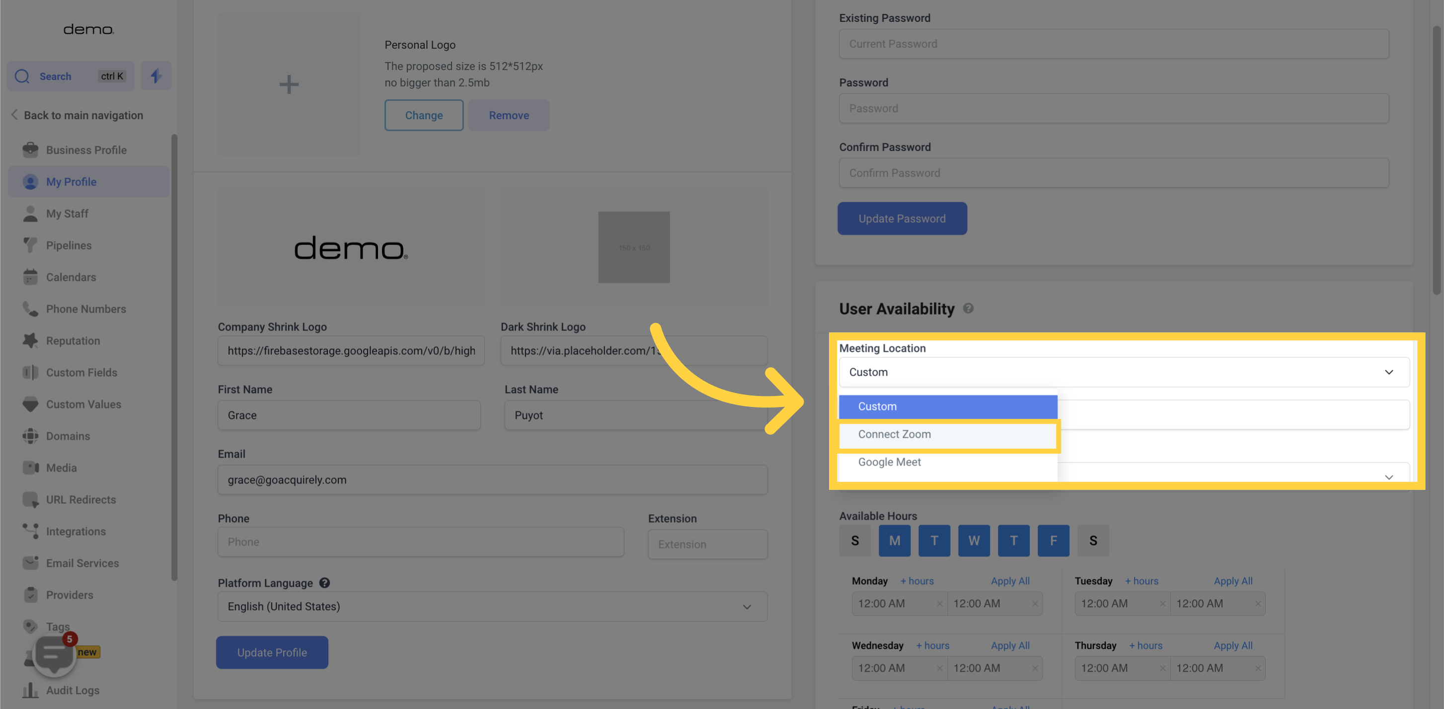 Select Meeting location then choose 