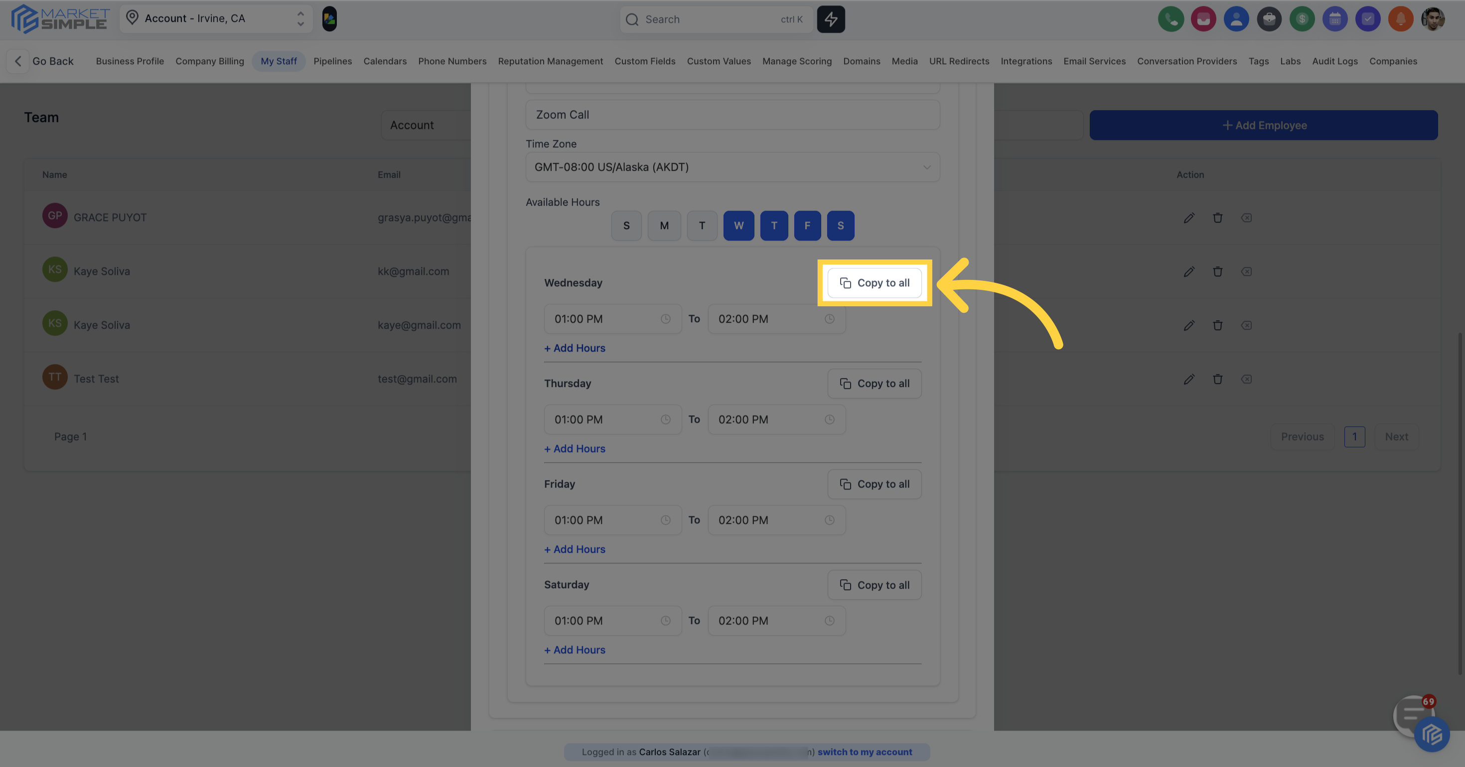Click 'Copy All' to apply the encoded time to other day/s