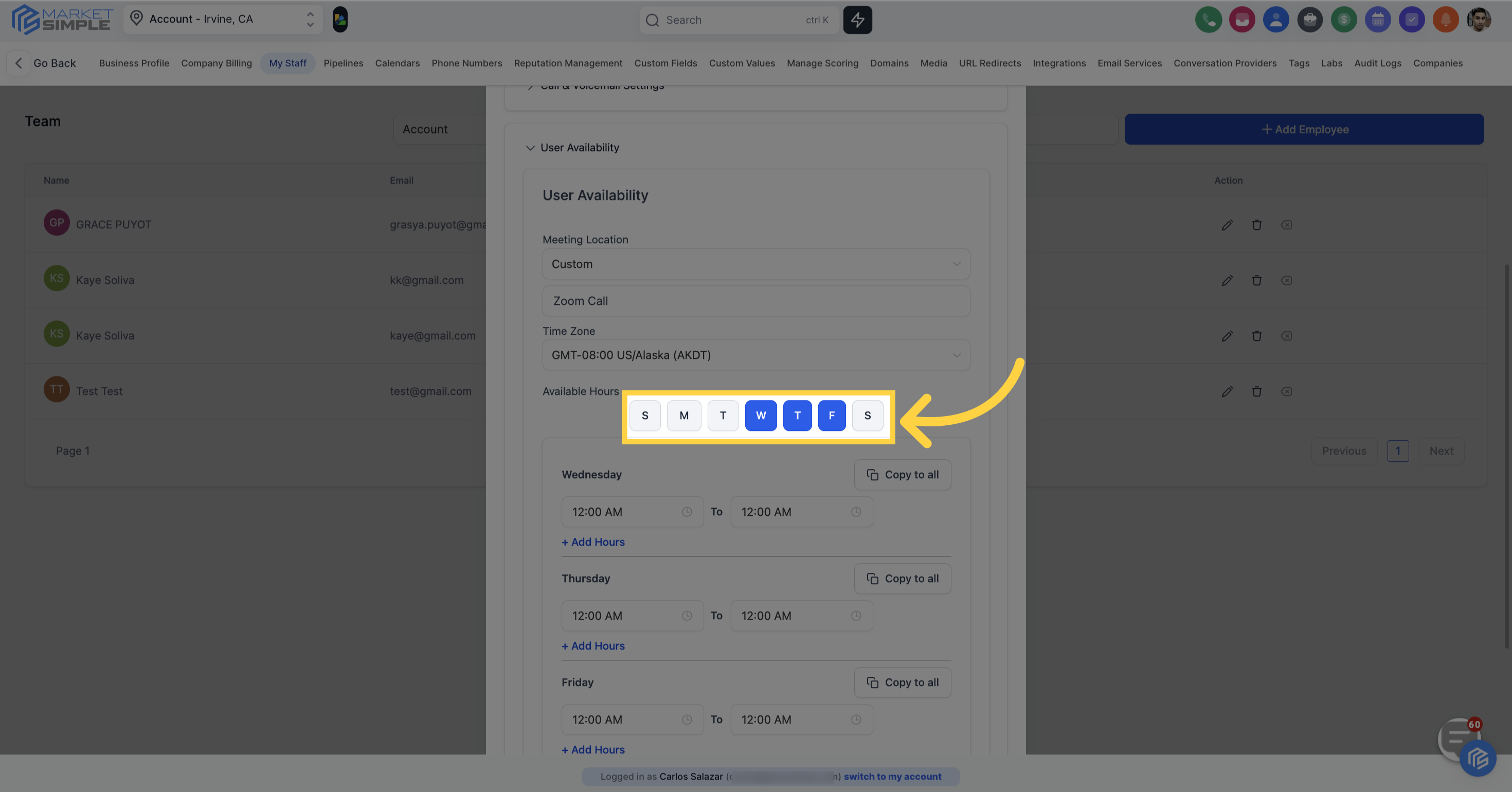 Click here to select 'Available Day'